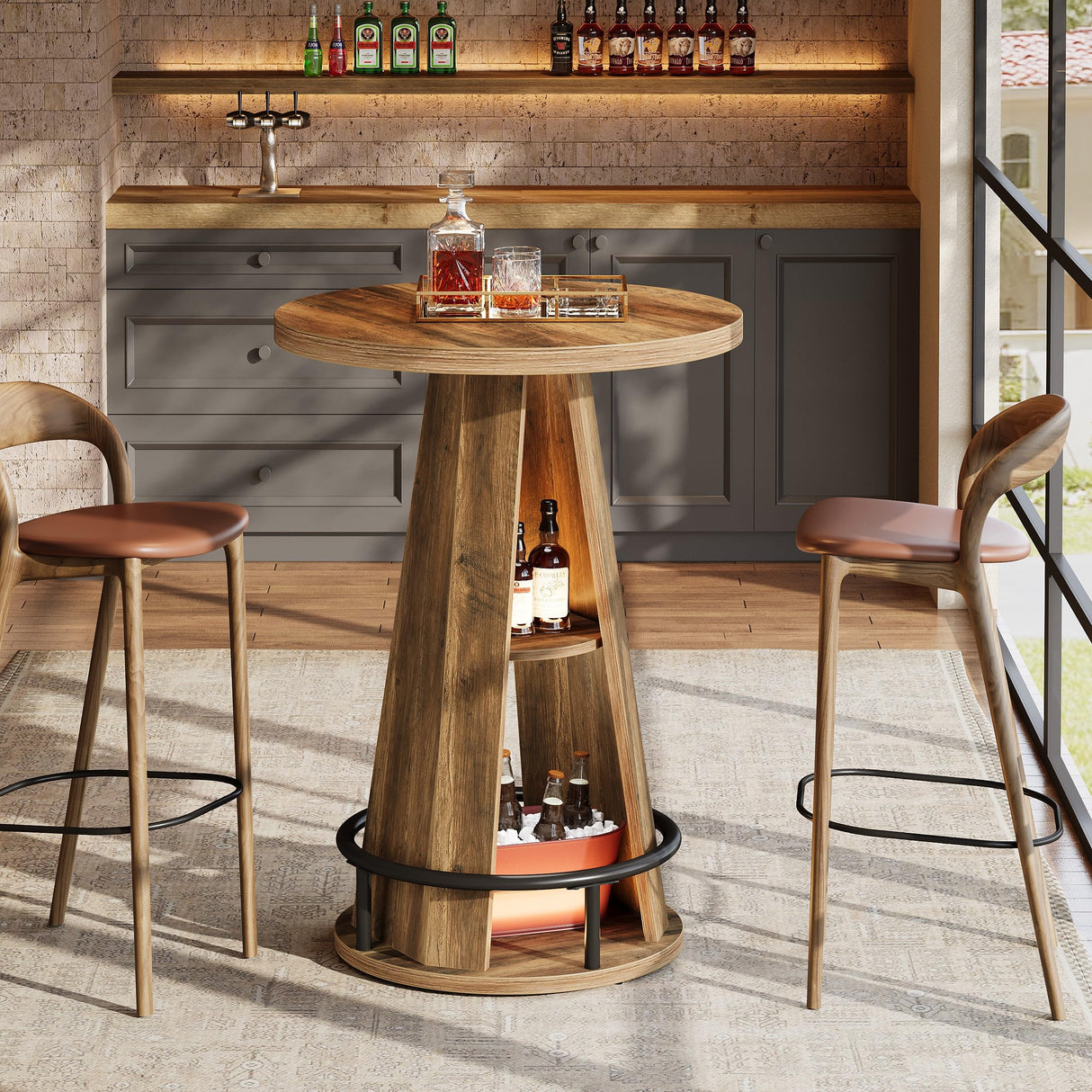 Tribesigns Round Bar Table, 39.4" H High Top Bistro Table with Storage, Industrial Cocktail Pub Tables with Metal Footrest for Living Room, Barroom, Small Space, Rustic Brown(Only Table) Tribesigns