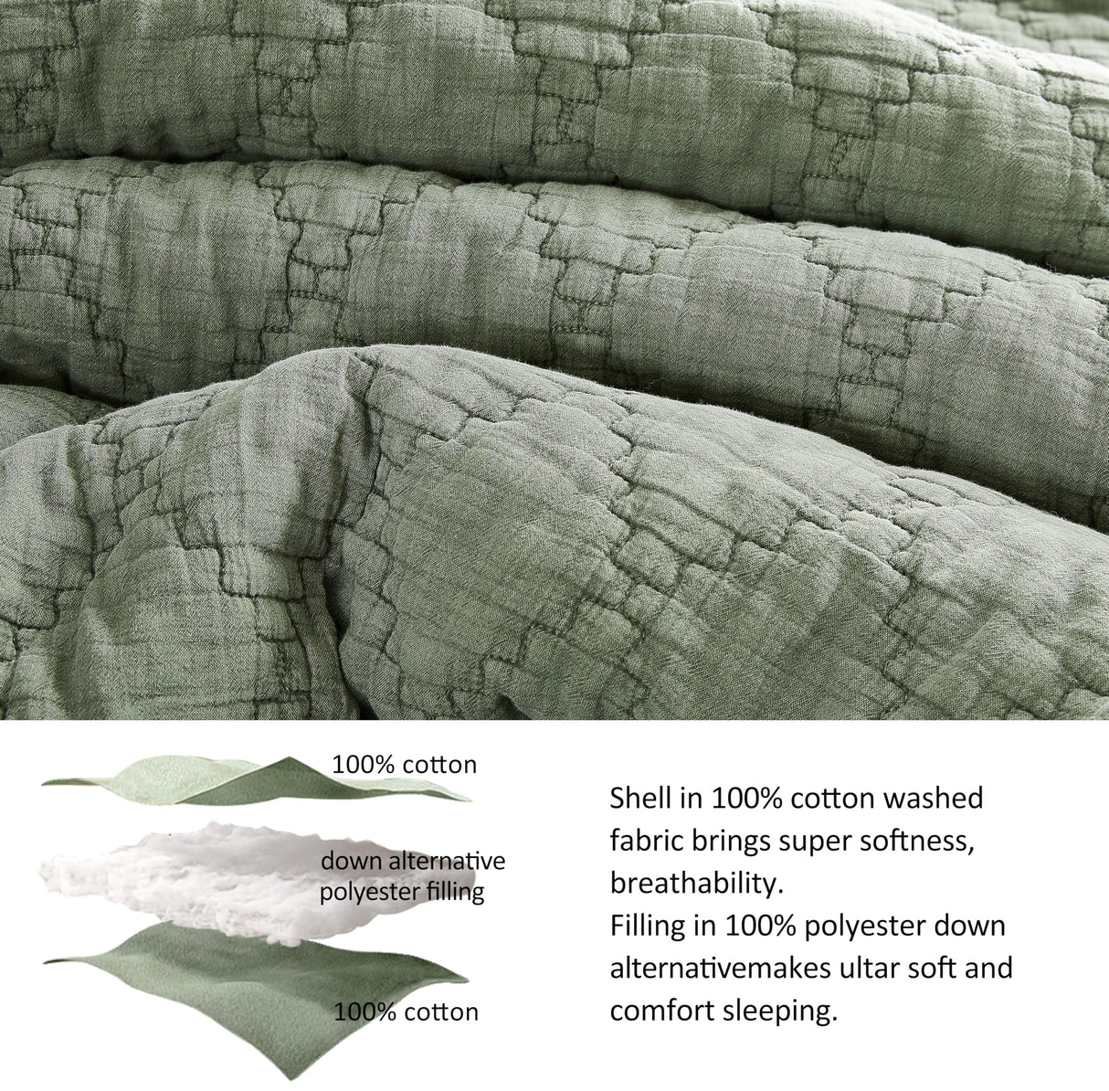 palassio Olive Green King Size Quilt Set, Muslin Cotton Shell Down-Alt Poly Filling, Soft Shabby Chic Rustic Farmhouse Country Bedspread, Textured Gauze Coverlet, Lightweight Bedding, 2 Shams palassio