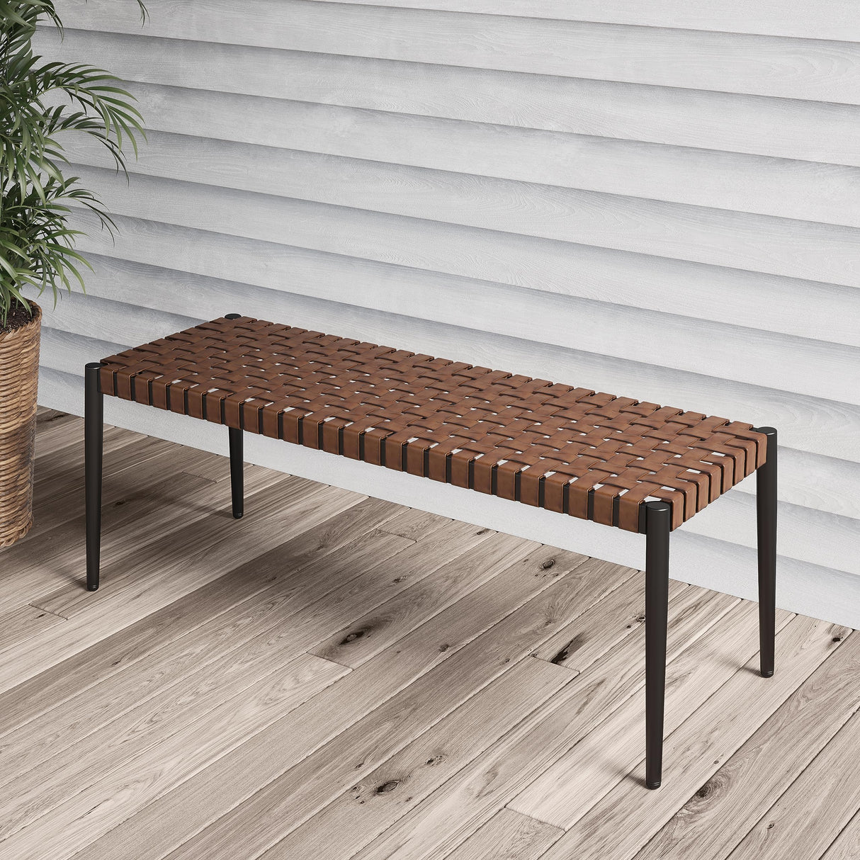 Grand patio Bench, 2-Seat Leather-Look Wicker Bench with Tapered Legs, Outdoor Bench for Small Front Porch Entryway Grand patio