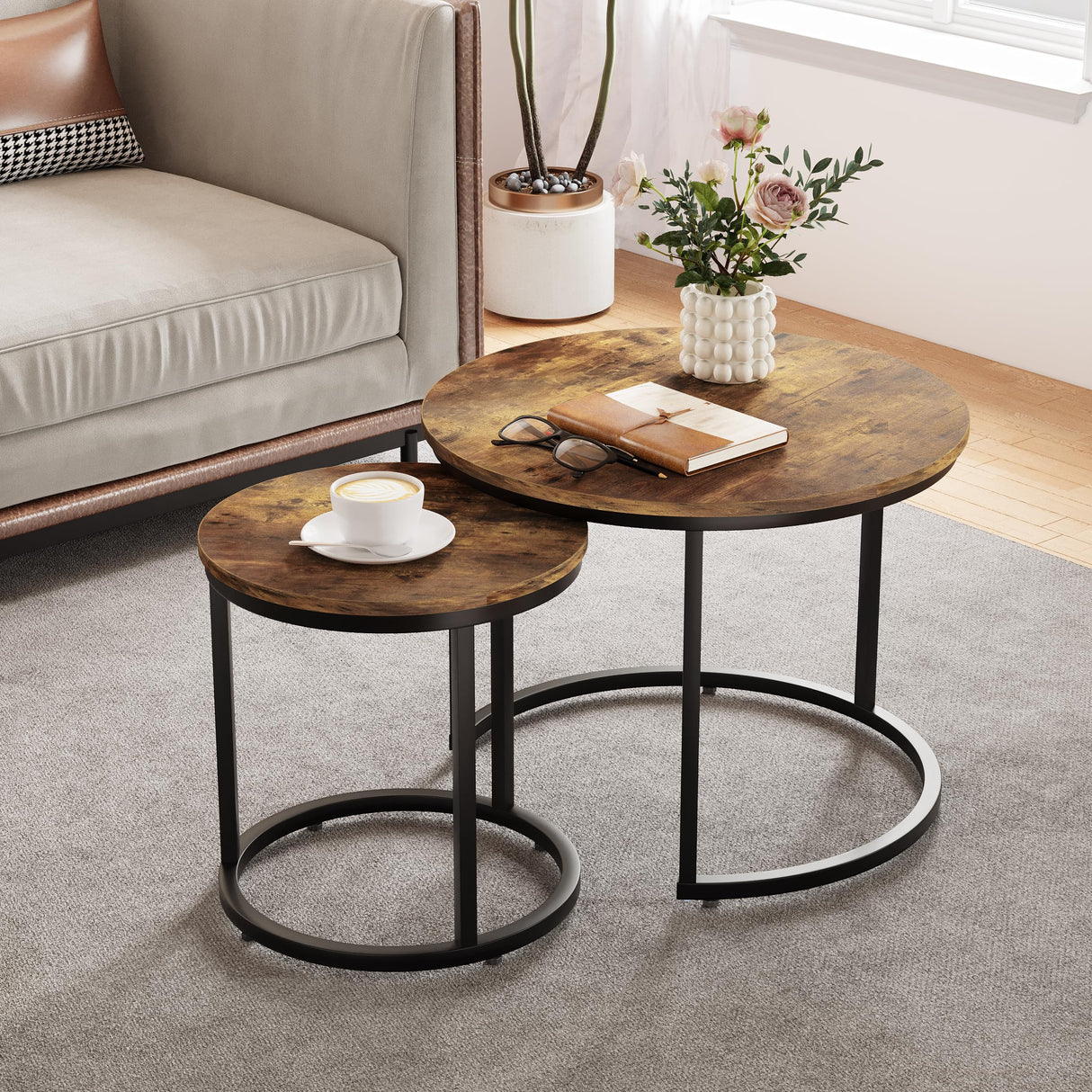 Smuxee Nesting Coffee Table Set of 2, 23.6" Round Coffee Table Rustic Wood Top with Adjustable Non-Slip Feet, Industrial End Table Side Tables for Living Room Bedroom Balcony Yard Smuxee