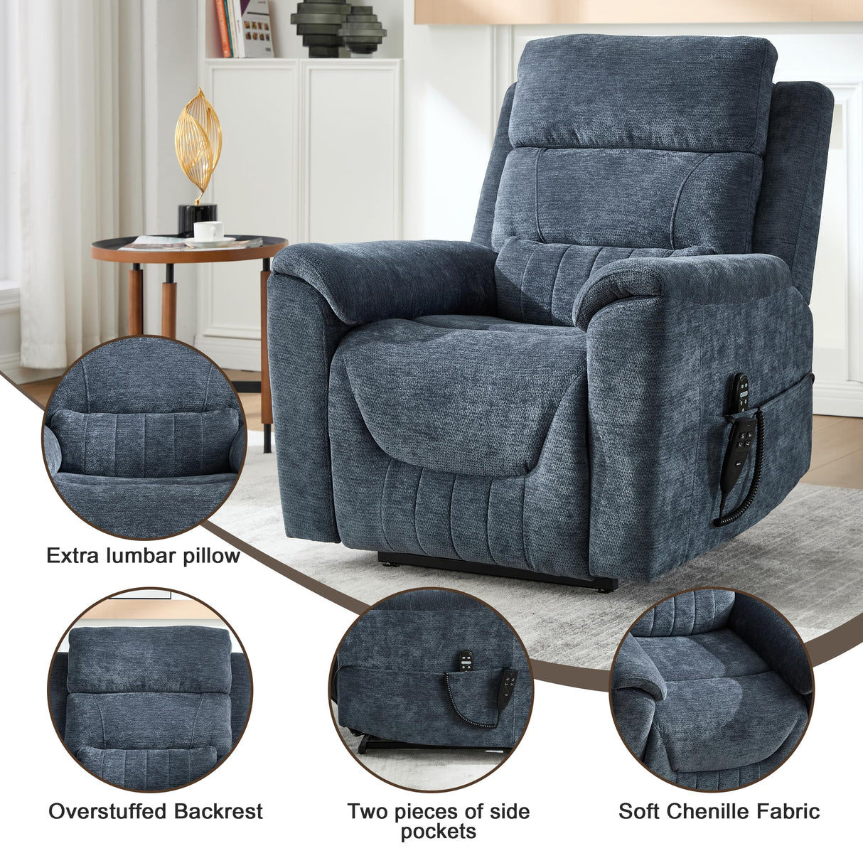 Power Lift Recliner Chair for Elderly People, Dual Motor Lay Flat Recliner with Vibration Massage and Heat, Heavy Duty Motion Mechanism Standing Assistance Reclining Chair, Chenille Fabric Blue Luxlen
