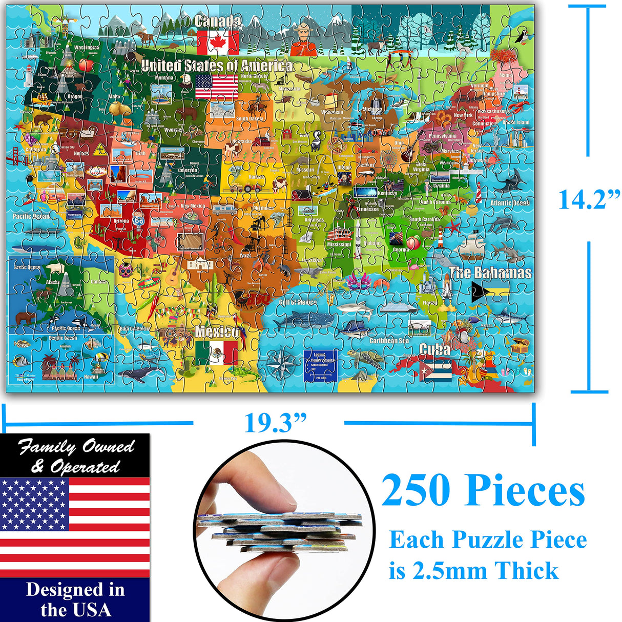 Think2Master United States Map 250 Pieces Jigsaw Puzzle Fun Educational Toy for Kids 8-10 10-12, School & Families. Great Gift for 8+ to Stimulate Learning of USA. Size: 14.2” X 19.3” THINK2MASTER
