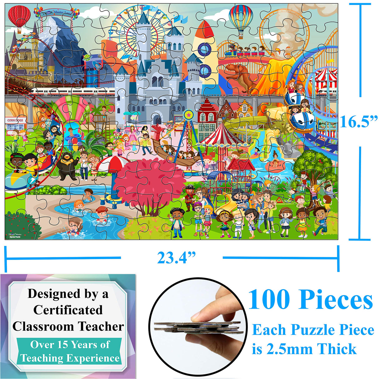 Think2Master Amusement Park 100 Pieces Jigsaw Puzzle Fun Educational Toy for Kids, School & Families. Great Gift for Boys & Girls Ages 4-8 to Stimulate Learning. Size:23.4” X 16.5” THINK2MASTER
