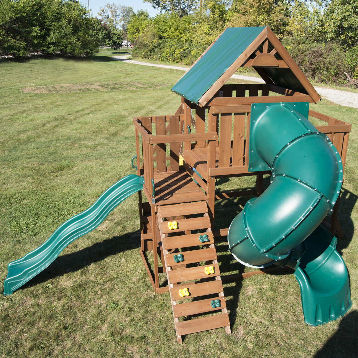 Swing-N-Slide WS 8358 Denali Tower Swing Set with Two Slides, Climbing Wall & Swings, Wood Swing-N-Slide