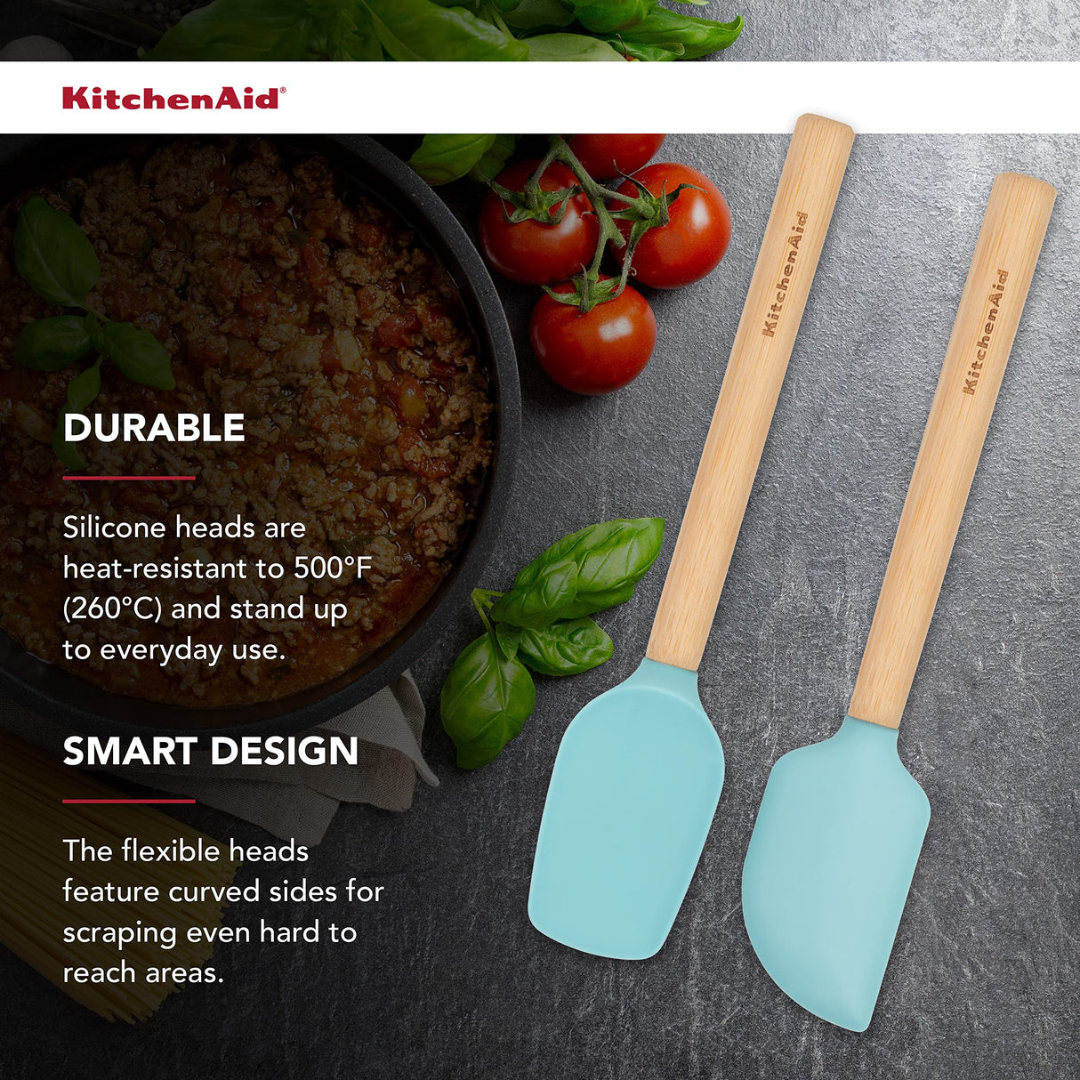KitchenAid Bamboo Wood Handled Mini Spatula Set with Silicone Head, Set Of 2, Aqua Sky KitchenAid