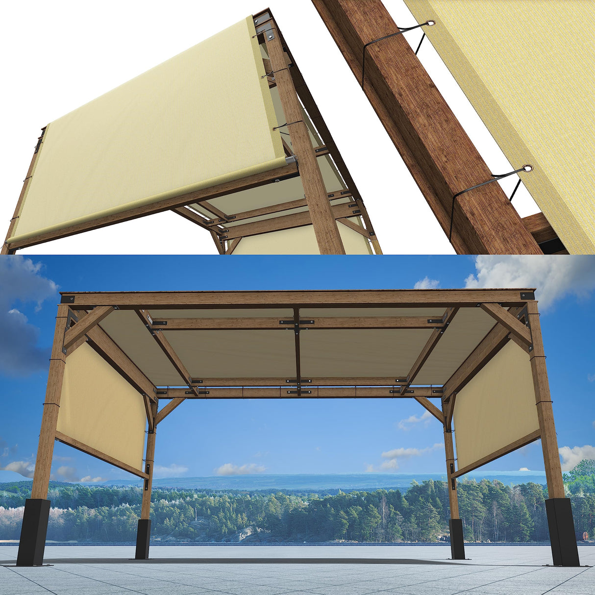 ShadeMart 8' W x 12' L Beige Pergola Shade Cover with Stainless Steel Weighted Rods and Grommets - Outdoor Patio Canopy Replacement - Commercial Grade 260 GSM Cloth (We Make Custom Size) ShadeMart