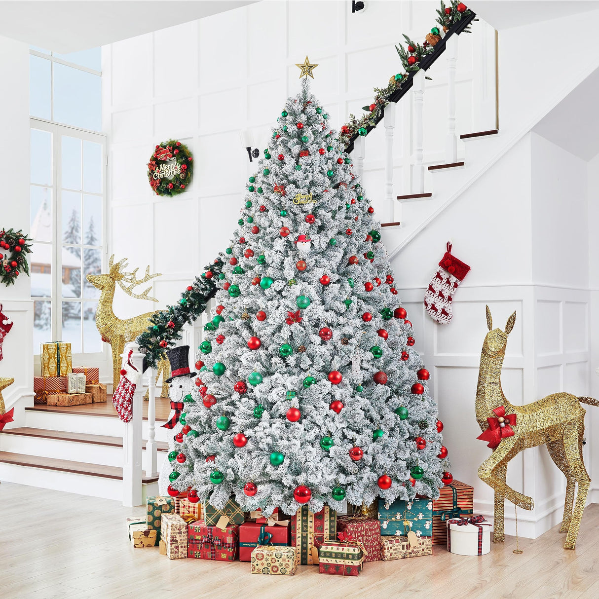 Yaheetech 9ft Premium Snow Flocked Hinged Artificial Christmas Fake Spruce Full Tree for Home Office Party Decoration with 2108 Branch/PVC Tips/Foldable Stand Yaheetech