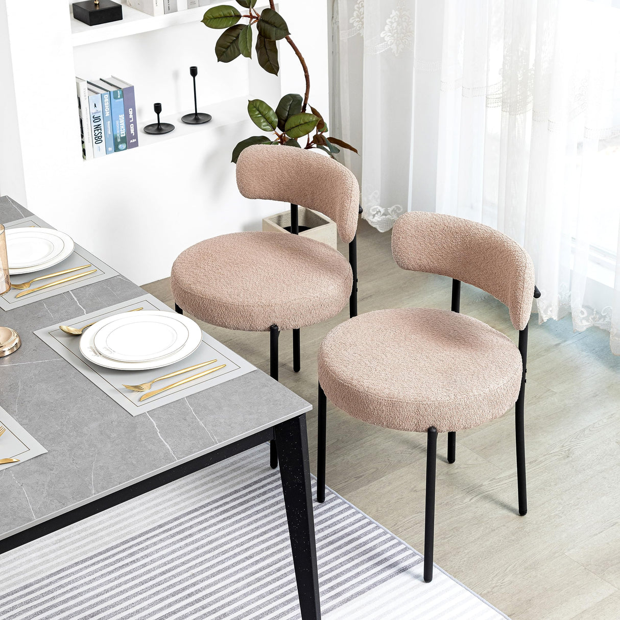 DYHOME Kitchen Chairs Mid-Century Modern Dining Chairs Set of 6, Kitchen Dining Room Chairs, Boucle Upholstered Wishbone Dining Chair, Camel Color DYHOME