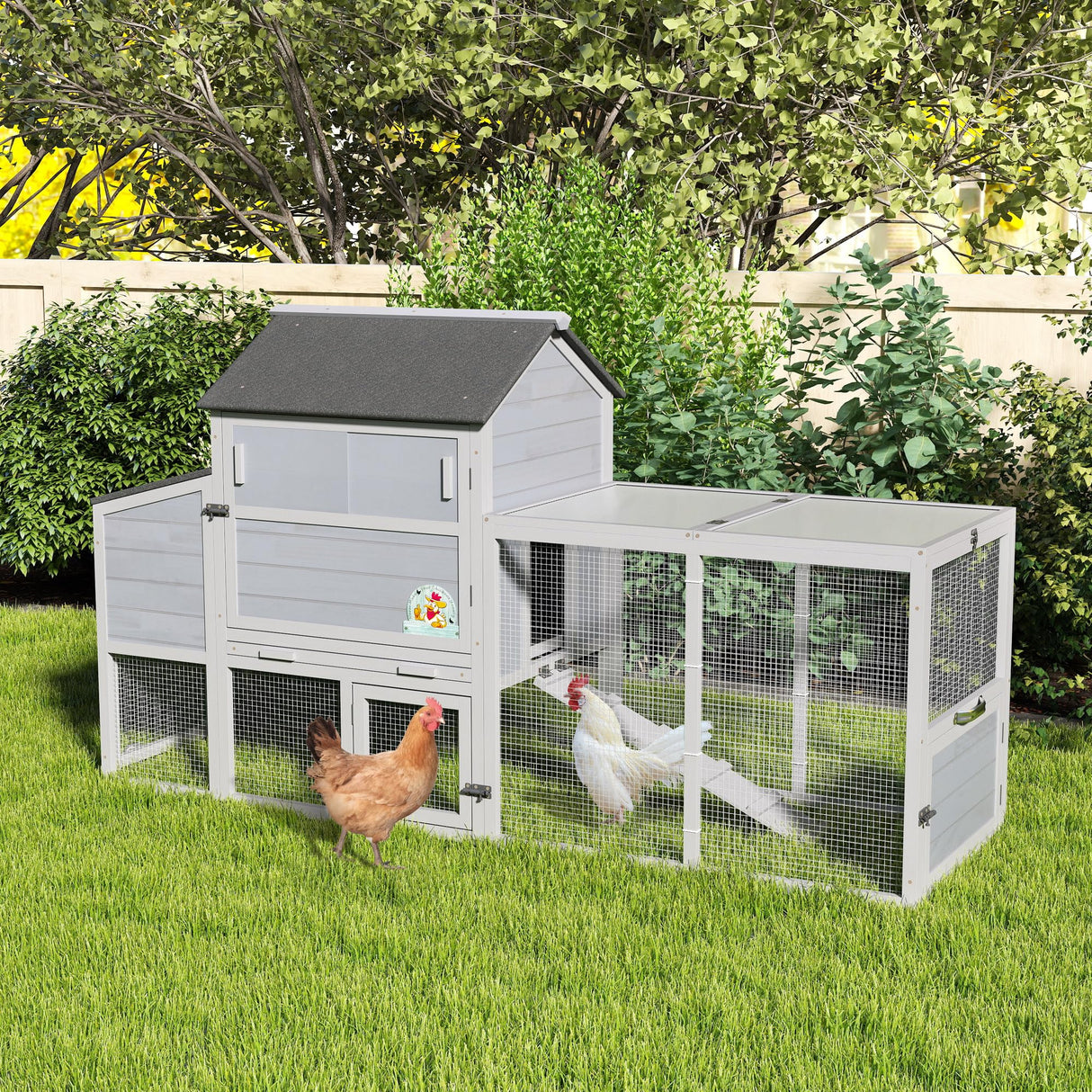 COZIWOW 82" Large Wooden Chicken Coop, Outdoor Rabbit Hutch, Guinea Pig Pet House with Wheels, Sunshine Board, Asphalt Roof, Ramp, Openable Top, Door, Window, Pull-Out Tray, Indoor Bunny Cage (Gray) COZIWOW