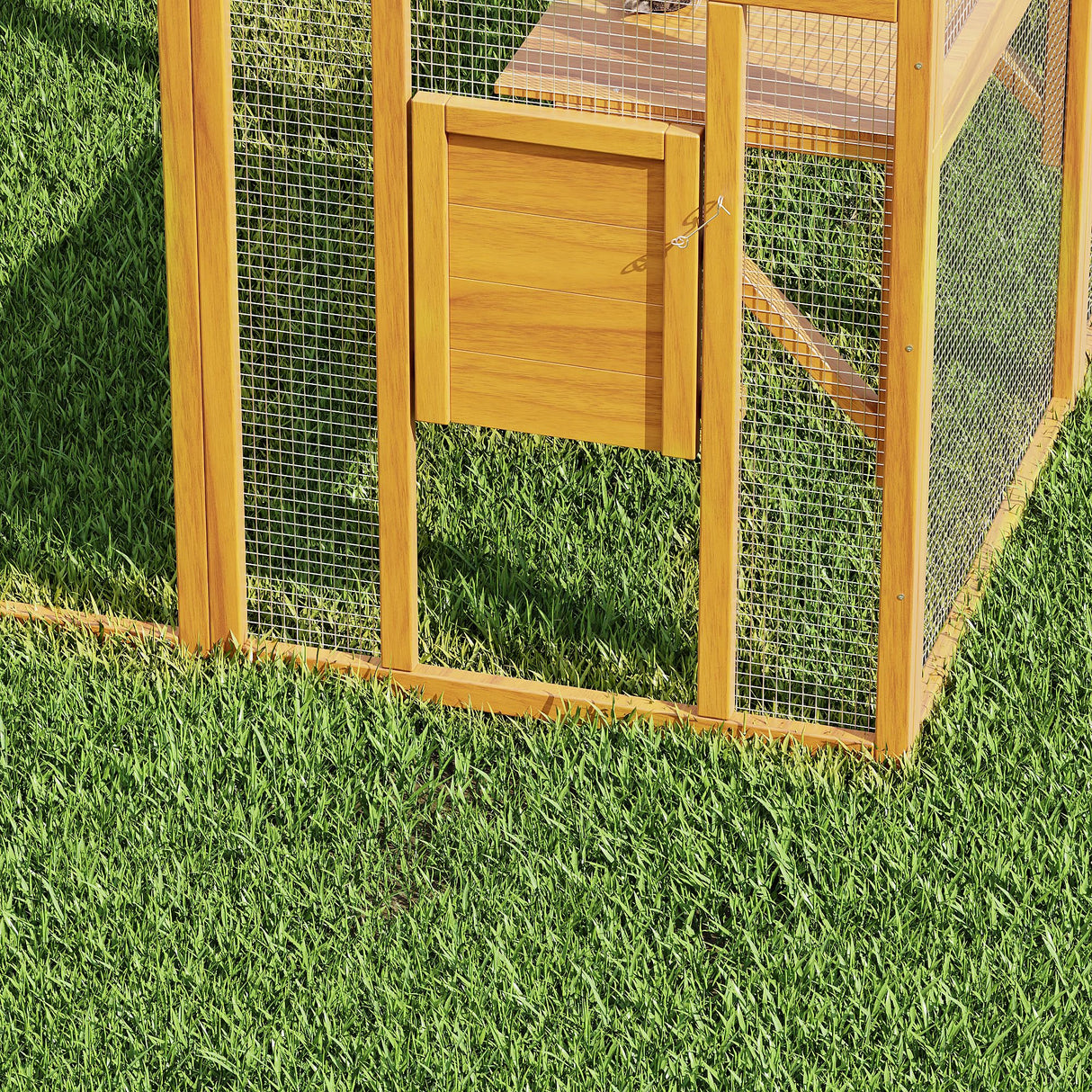 Lovinouse Extra Large Wooden Outdoor Cat House, 57ft² Cat Run Enclosure Walk in Catio Kitten Condo with Enter Door, 2 Doors, 2 Playpen & Hiding Houses, Bridges, Walks, Roof Cover, Golden Yellow Lovinouse