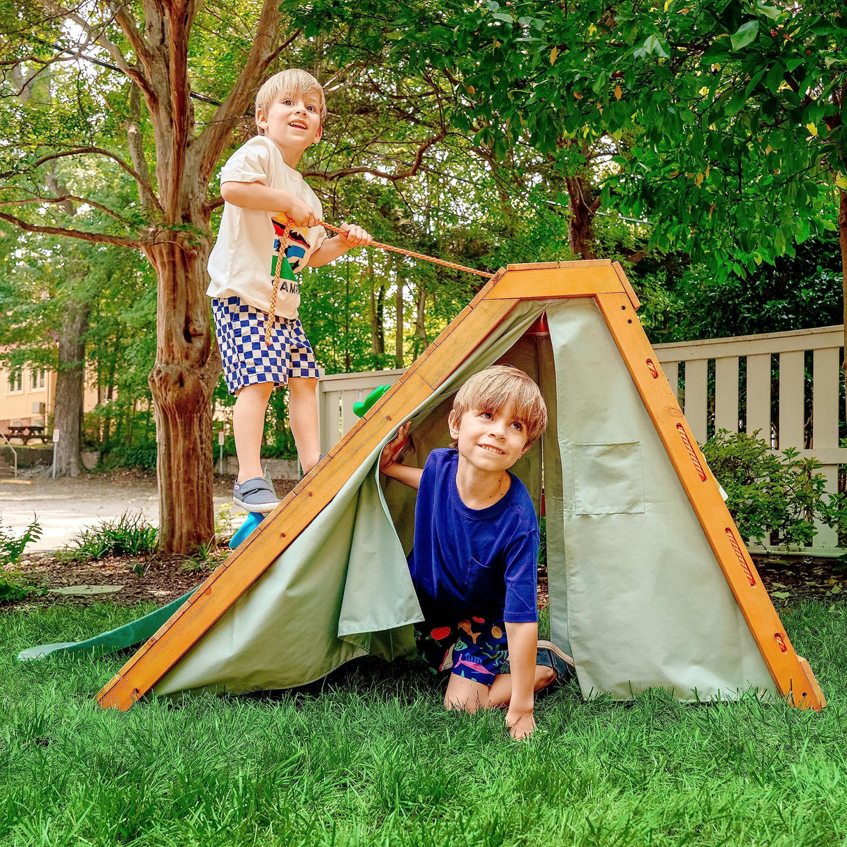 Avenlur Palm Outdoor and Indoor Playground 5 in 1 Backyard Playset with Ladder, Rock Wall, 4 ft. Slide, Tent Fort, Montessori Style Play Set Climber Playhouse Toddlers, Children, Kids 2-8yr (Green) Avenlur