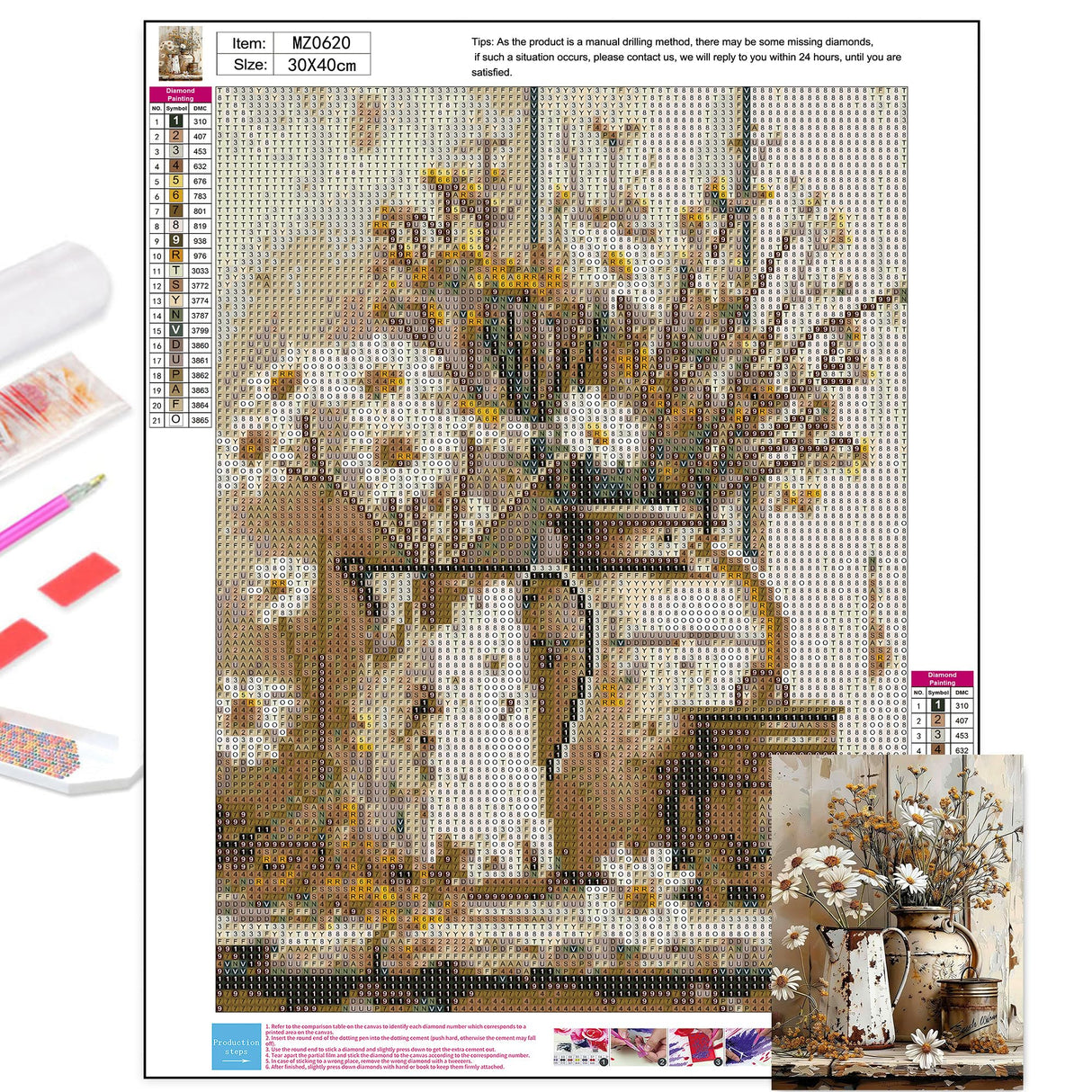 Rustic Flowers Diamond Art Kits for Adults - Daisy Diamond Painting Kits for Adults Beginner, DIY 5D Full Drill Gem Art for Home Wall Decor 12x16 inch Axquilon