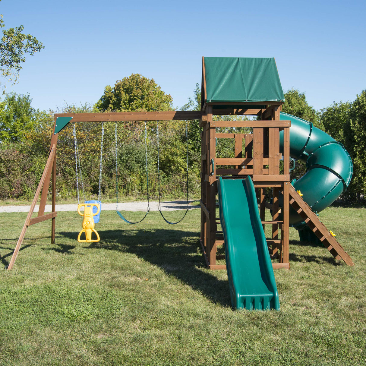 Swing-N-Slide WS 8358 Denali Tower Swing Set with Two Slides, Climbing Wall & Swings, Wood Swing-N-Slide