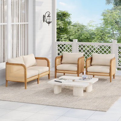 Christopher Knight Home Tilden 3-Piece Patio Furniture Set, 4-Seater Acacia Wood Outdoor Patio Sectional Furniture Set, Garden Wicker Loveseat and Accent Chair Set with Removable Cushions, Teak+Beige