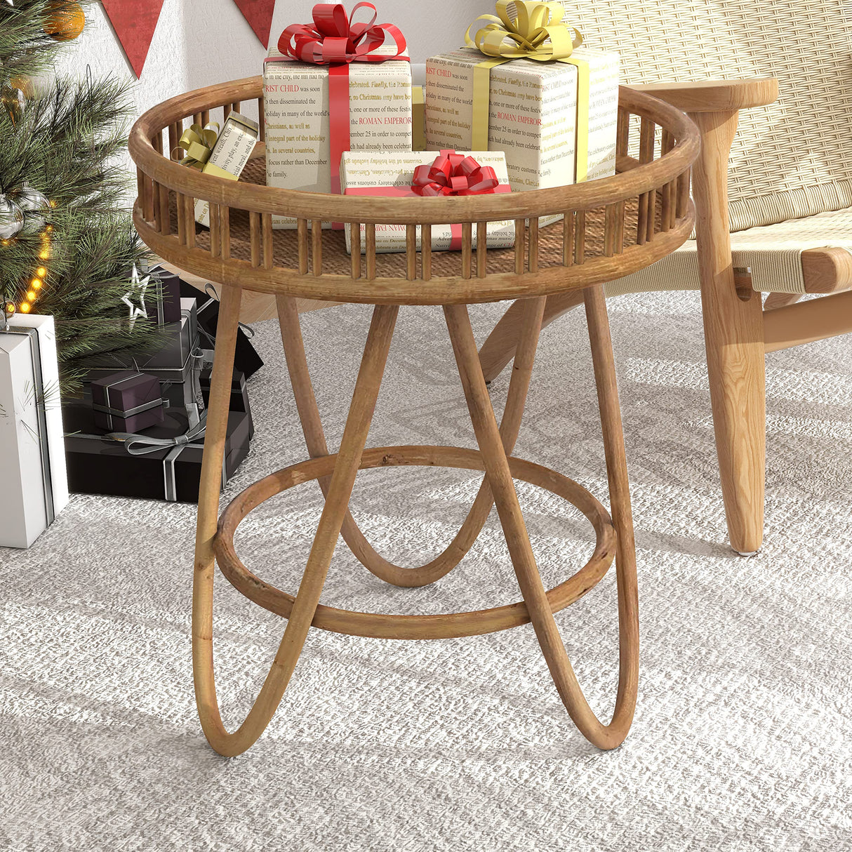 FINECASA Rattan Side Table with Wicker Tray Top 20x23'', Boho Hand-Woven End Table, Small Round End Table with Hairpin Legs, Coffee Table Set for Living Room, Bedroom (Handcraft) FINECASA
