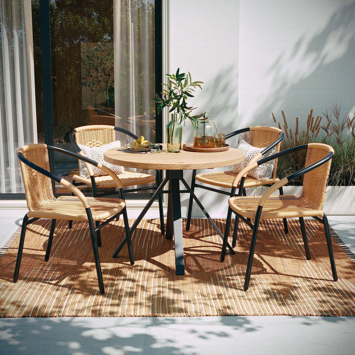 EMMA + OLIVER Set of 4 Modern Rattan Indoor/Outdoor Stack Chairs, Stacking Rattan Patio Chairs with Curved Back and Cross Bracing, Beige EMMA + OLIVER