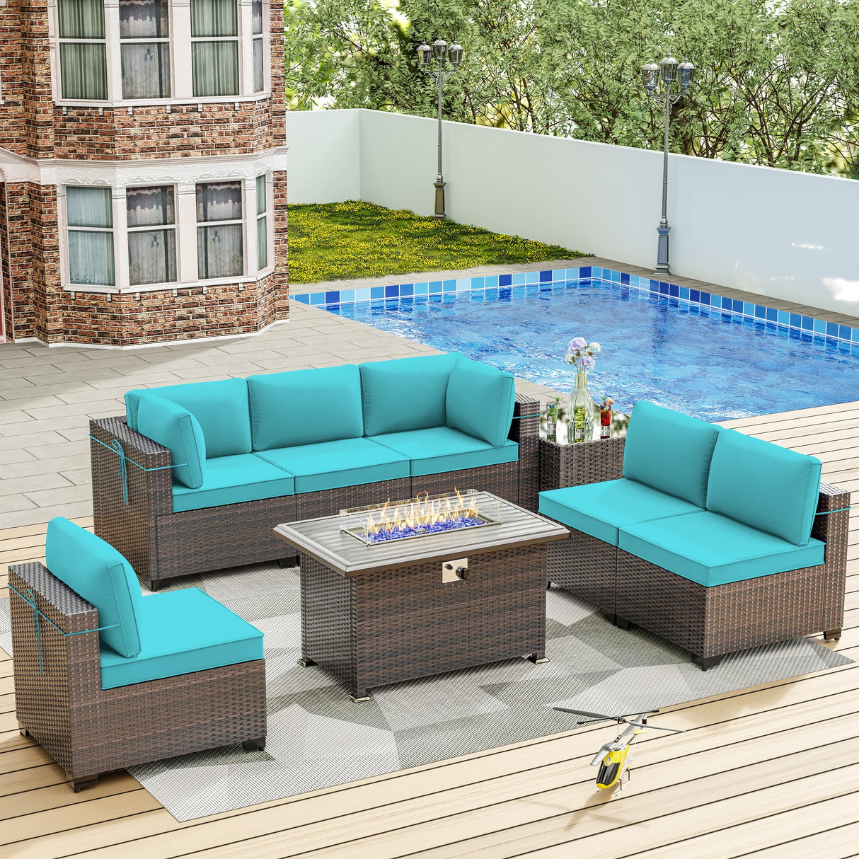 ALAULM 8 Pieces Outdoor Patio Furniture Set with Propane Fire Pit Table Outdoor Sectional Sofa Sets Patio Furniture 43" Gas Fire Pit Brown PE Rattan Patio Conversation Set w/6 Cushions (New Blue) ALAULM
