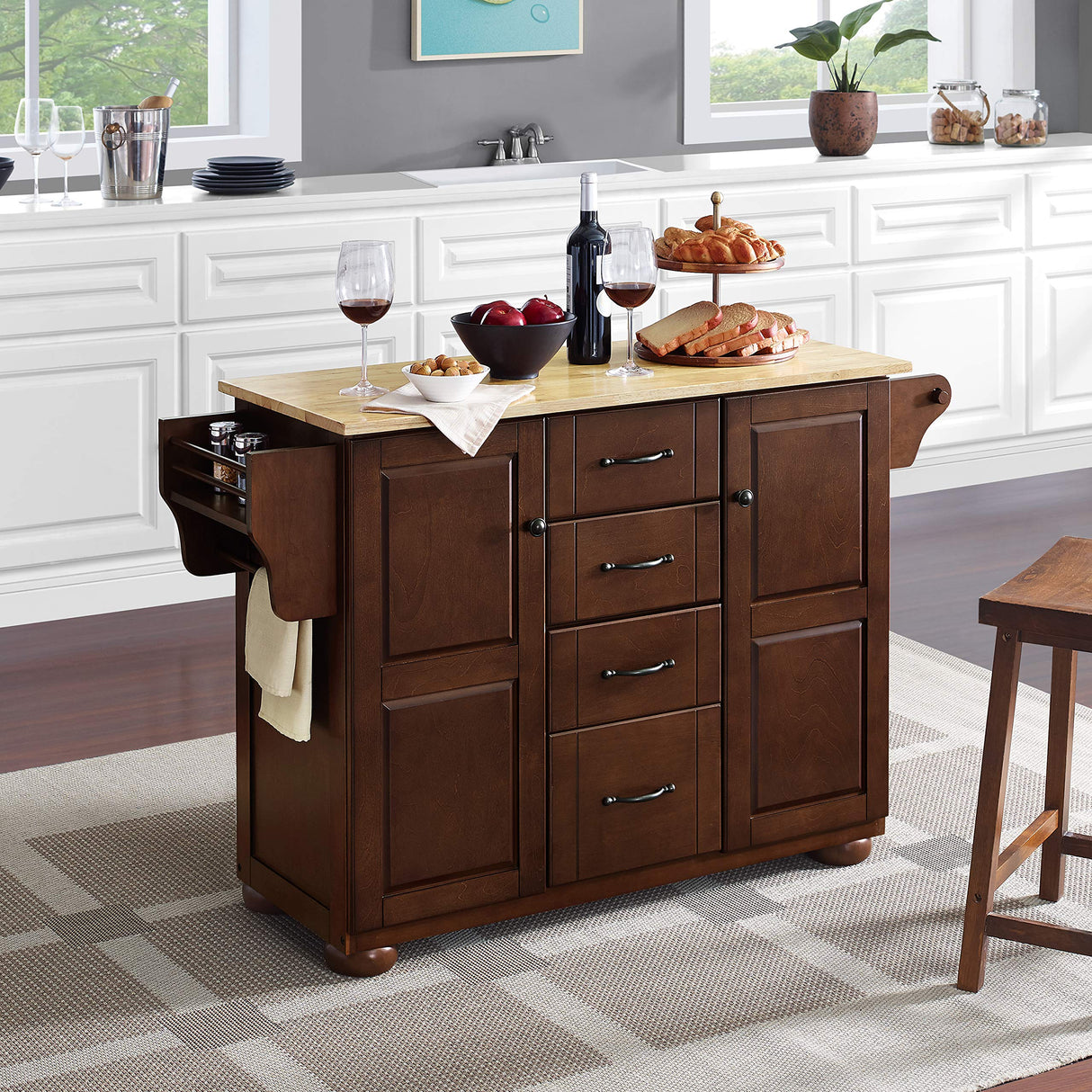 Crosley Furniture Eleanor Wood Top Kitchen Island with Spice Rack, Storage Drawers and Shelves, Mahogany Crosley Furniture