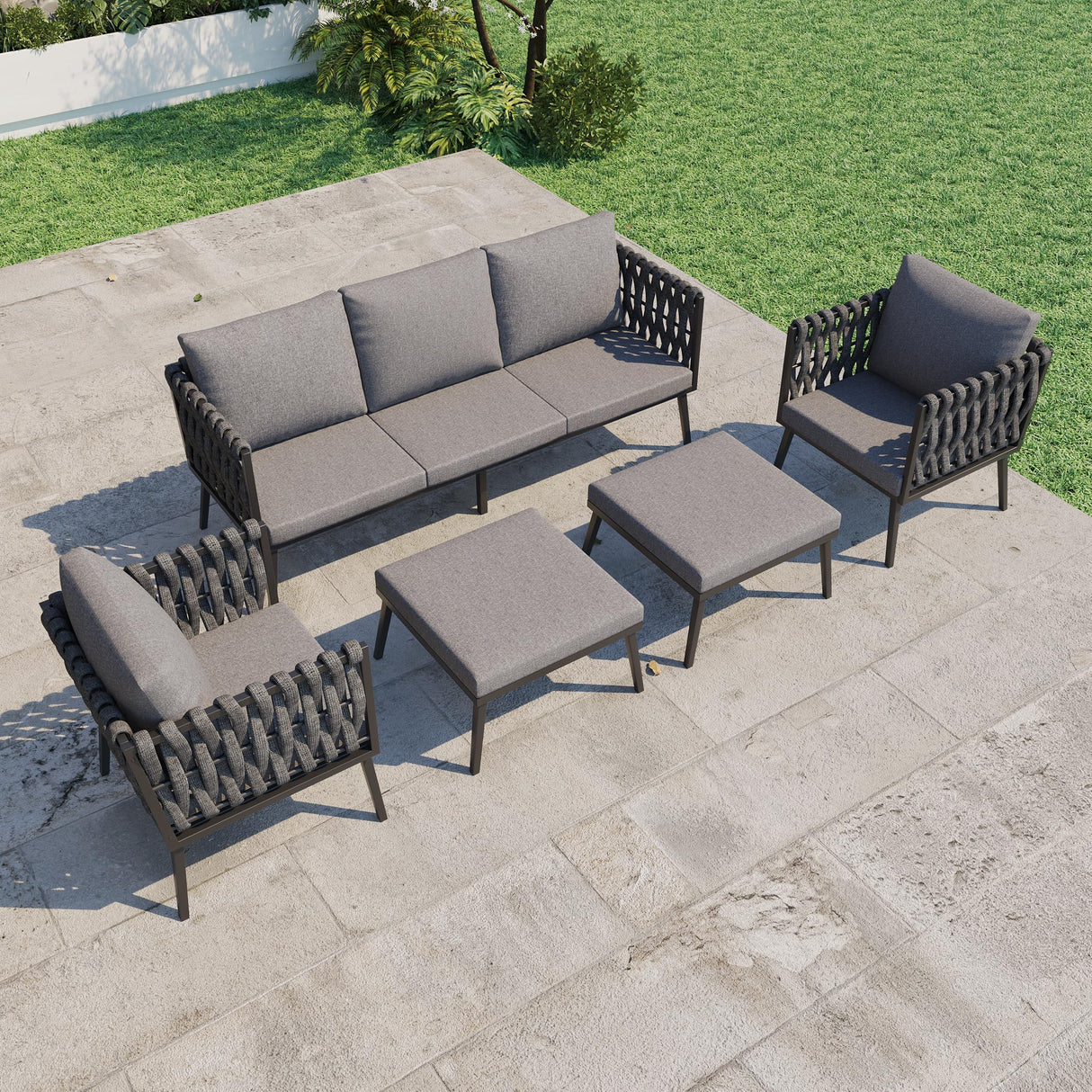 HOMREST Metal Patio Furniture Set, 5 Pieces Outdoor Aluminum Furniture w/High Back Chairs, Woven Rope Modern Patio Conversation Set for Balcony, Garden, Yard (7 Seats, Grey) HOMREST