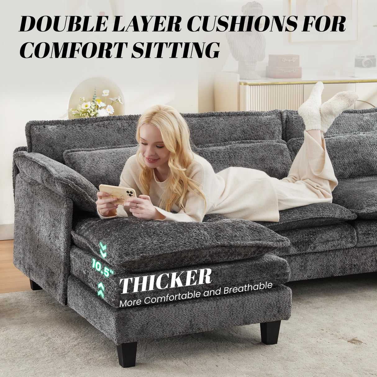 110" U Shape Cloud Couch, Comfy Upholstered Sectional Couches for Living Room, Oversized Modular Sleeper Sectional Sofa with Double Cushions & 4 Lumbar Pillows, Grey jonpony