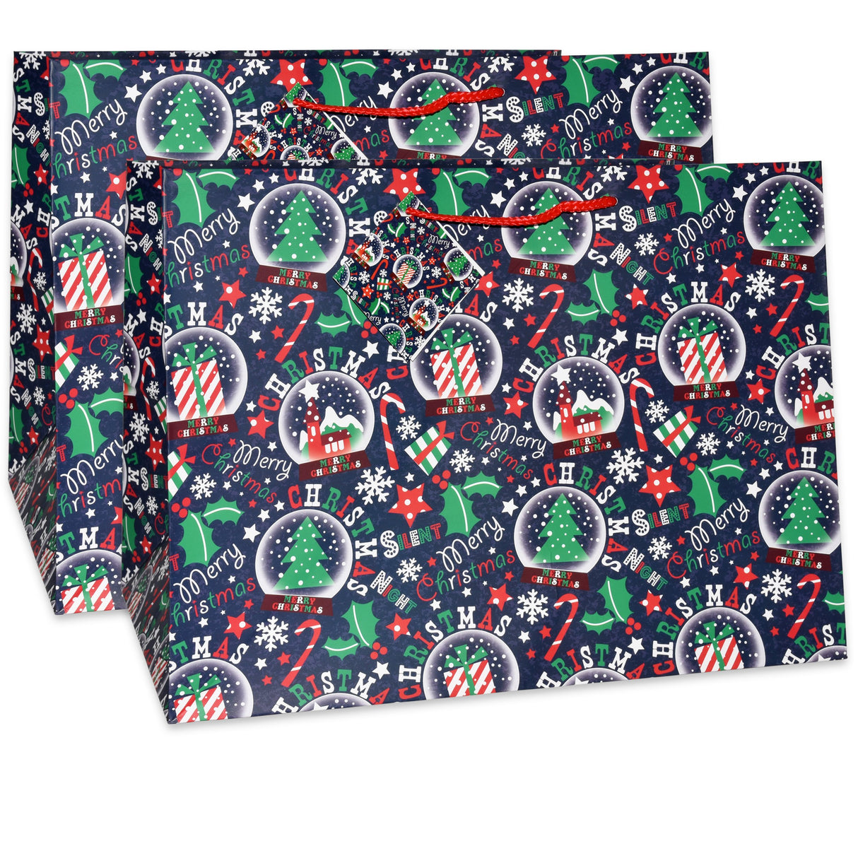 Gift Boutique 12 Jumbo Christmas Tote Bags with Handles 15" Wide X 11" High X 11" Deep Extra Wide Large Giant Reusable Grocery Shopping Paper Bags Big Gusset for Food Cookie Container & Foil Tin Pan Gift Boutique