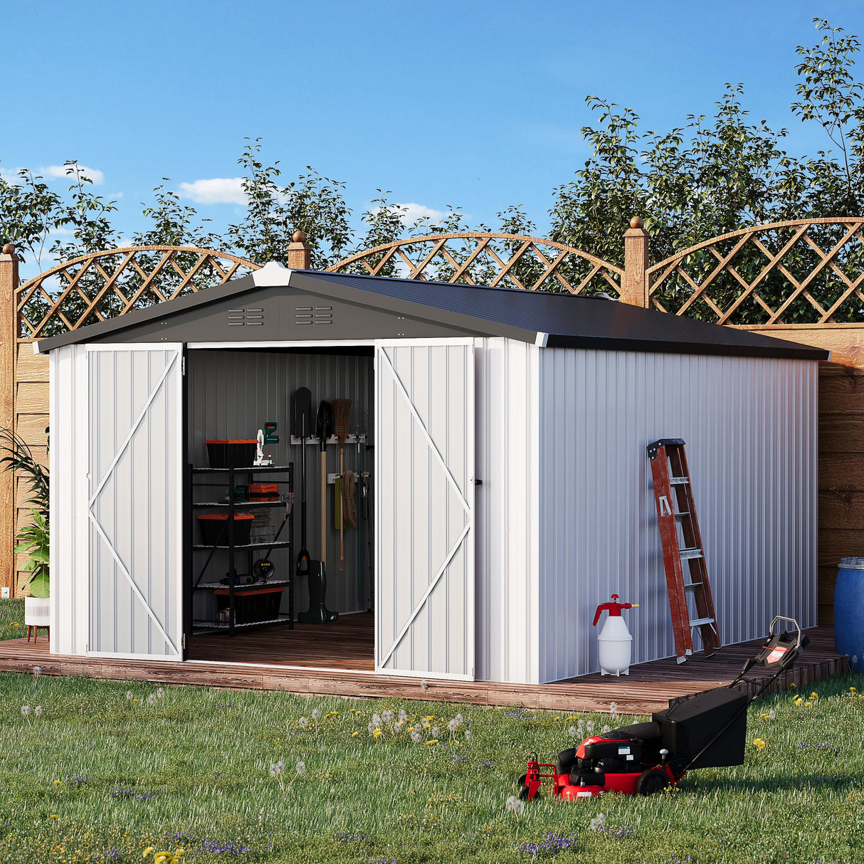 U-MAX 10x14 Shed, 14x10 Metal Outdoor Storage Shed, Large Outside Storage Garden Sheds & Outdoor Storage Clearance, Tool Shed Lockable for Backyard, Patio and Outside Use in White U-MAX