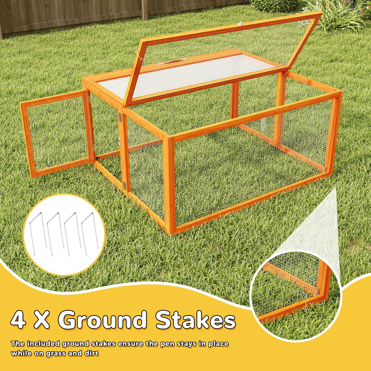 Nyeekoy Portable Chicken Coop with UV-Proof Panel, 4X Garden Stakes, Wooden Rabbit Hutch, Chicken Brooder Box Indoor, Outdoor Folding Chicken Cage, Top & Side Openable Doors, 45.3Inch (Orange) Nyeekoy