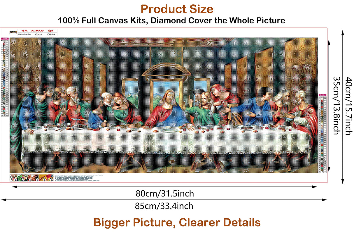 JesMolla DIY 5D Full Round Diamond Painting by Number Kits for Adults, Diamond Painting Kits Round Full Drill Diamond Art Kit Picture Craft for Home Wall Art Decor, 15.8"x33.5", The Last Supper JesMolla