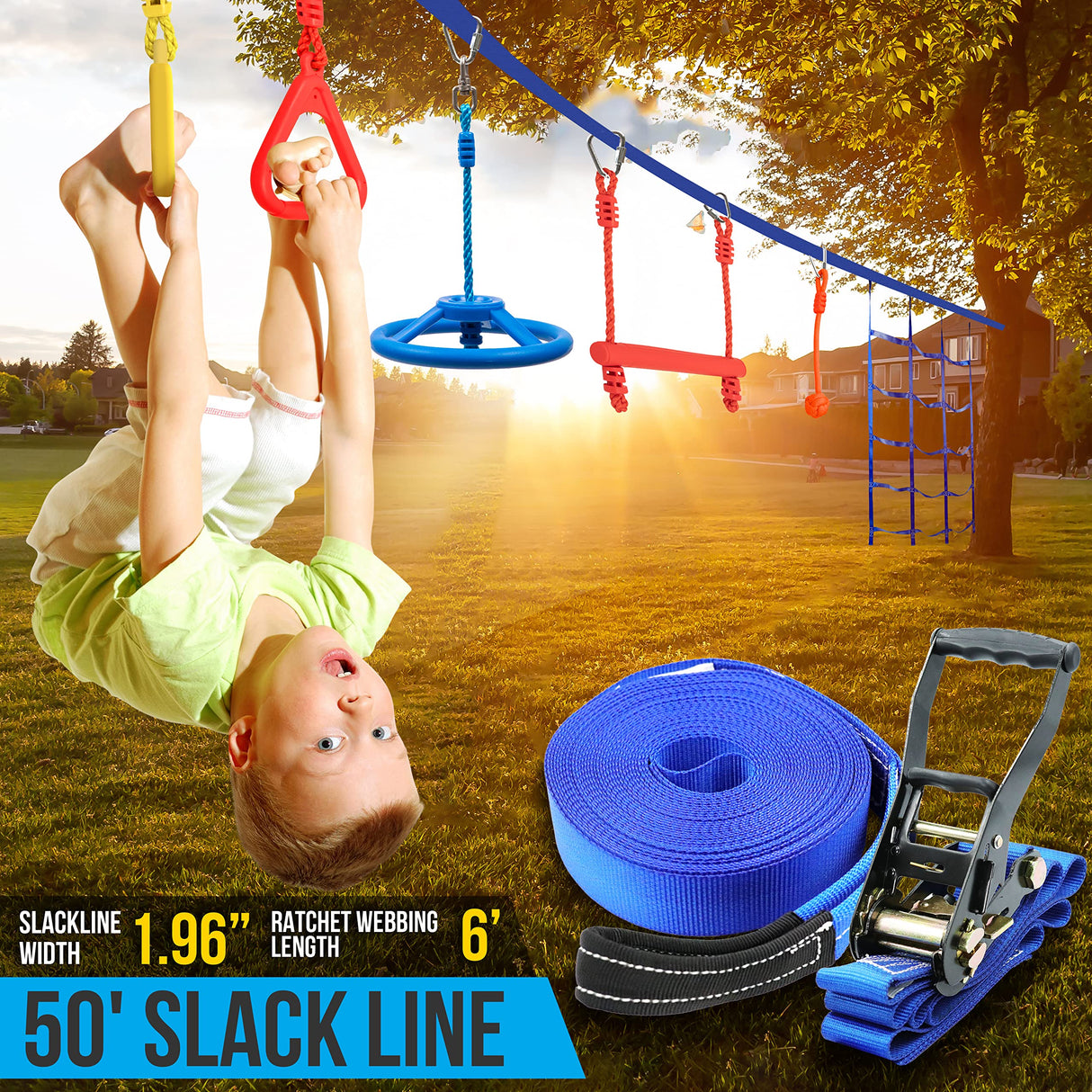 SereneLife Ninja Warrior Slack Line Obstacle Course 50ft Slackline with 18 Jungle Gym Tree Climbing Attachments Backyard Outdoor Play Equipment Set for Kids Outside with Rope Ladder and Accessories SereneLife