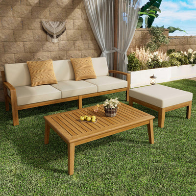 Ziraukon L Shape 3 PCS Acacia Sectional Patio Sofa Set, Wood Outdoor Conversation Sofa Set with Slatted Tabletop, Patio Conversation Table and Chairs Set for Garden, Backyard, Poolside, Teak & Beige