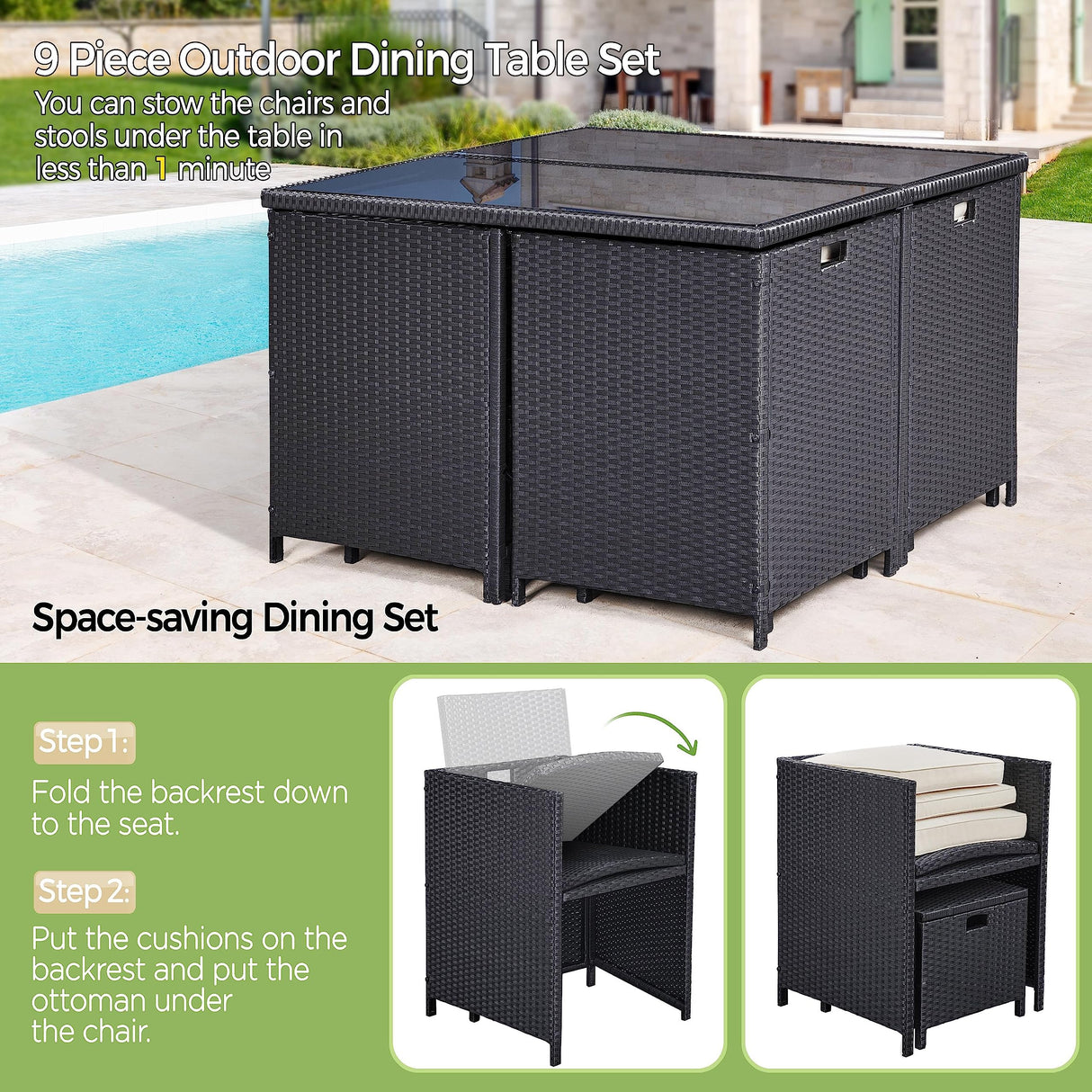 Yaheetech 9-Piece Patio Dining Sets Outdoor Space Saving Rattan Chairs with Glass Table, Wicker Patio Furniture Sets Outdoor Sectional Conversation Set with Removeable Cushions, Black Yaheetech