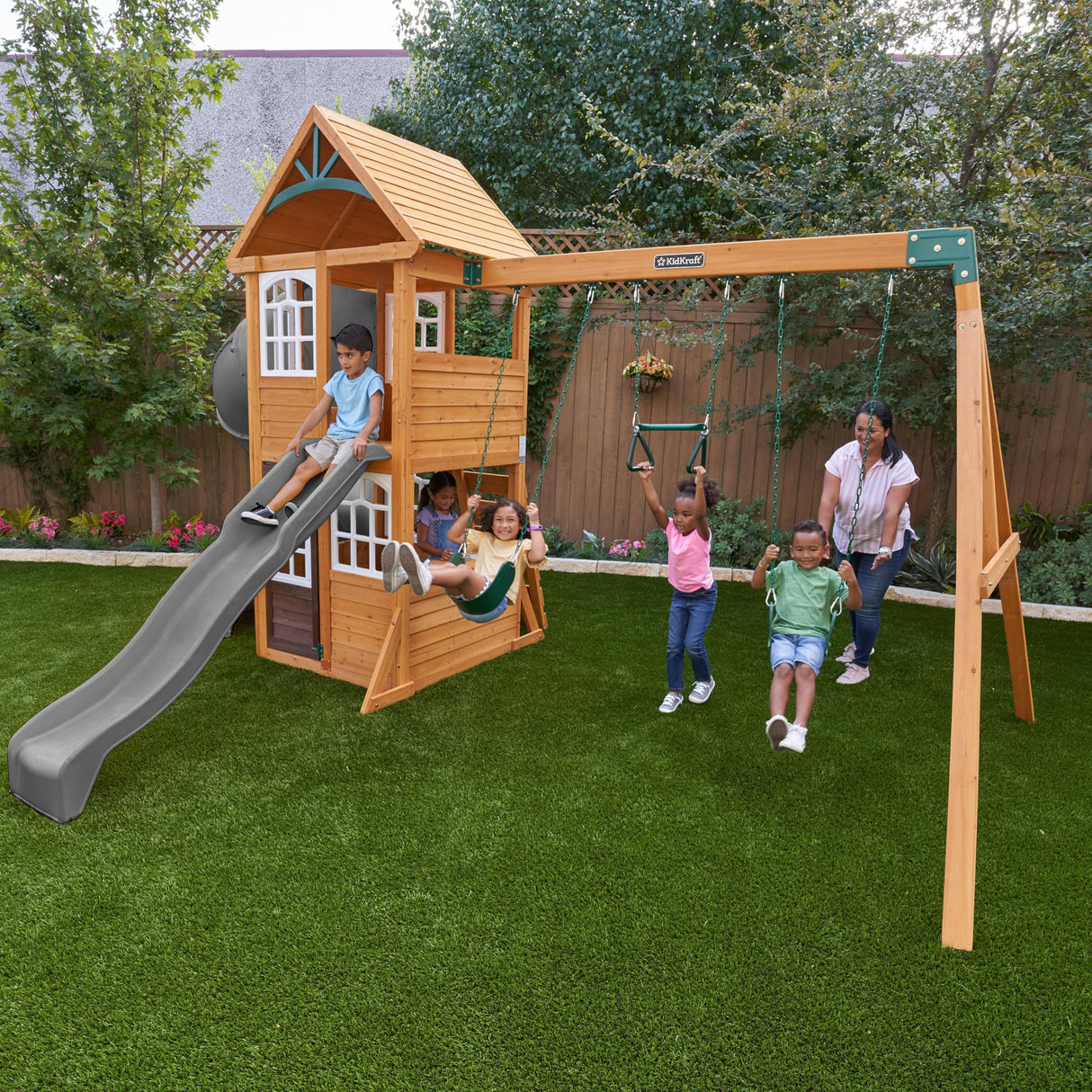 KidKraft Sterling Falls Wooden Swing Set/Playset with Clubhouse, Mailbox, Slide and Play Kitchen KidKraft