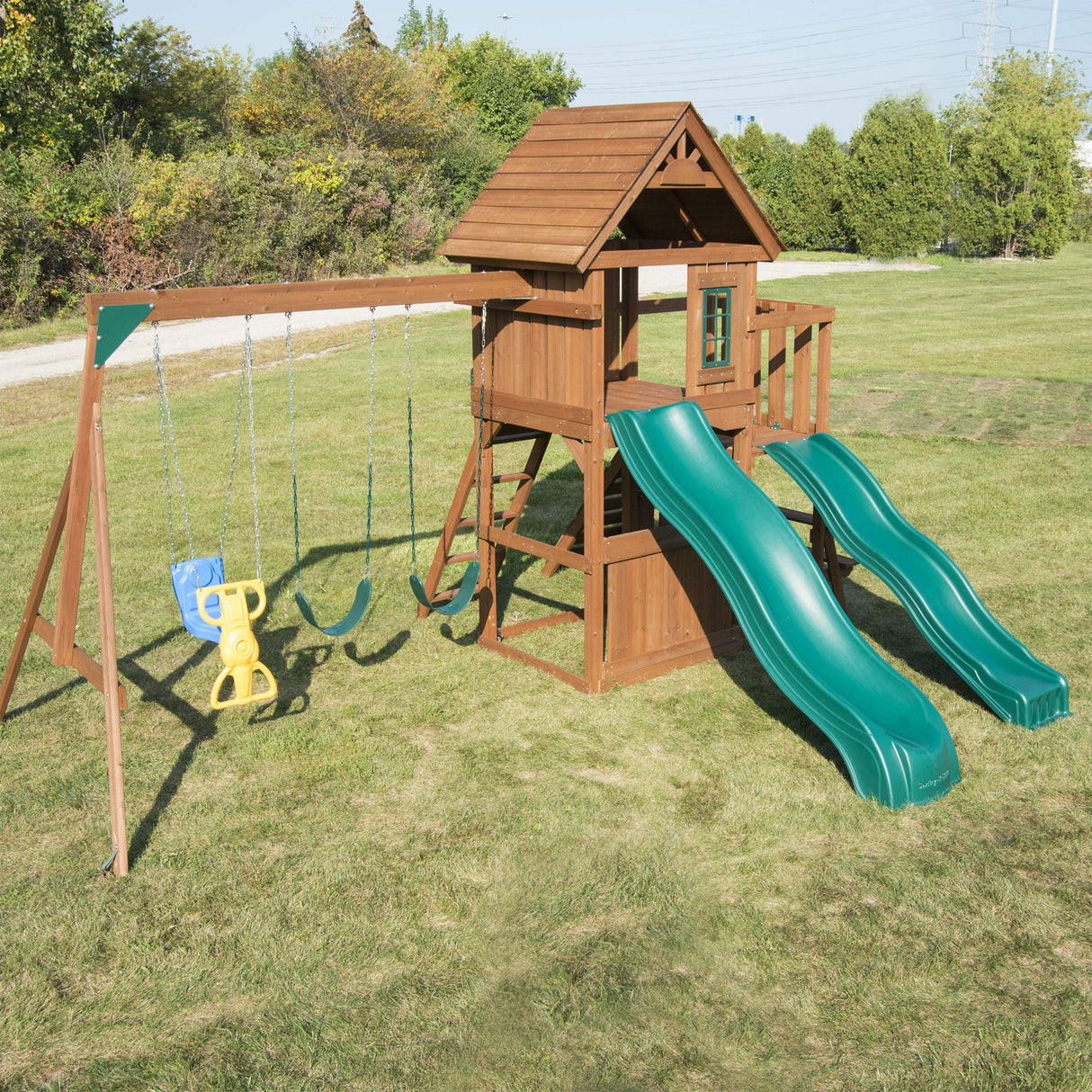Swing-N-Slide WS 8353 Knightsbridge Deluxe Wooden Swing Set with Two Slides, Climbing Wall, Swings, Glider & Picnic Table, Wood Swing-N-Slide