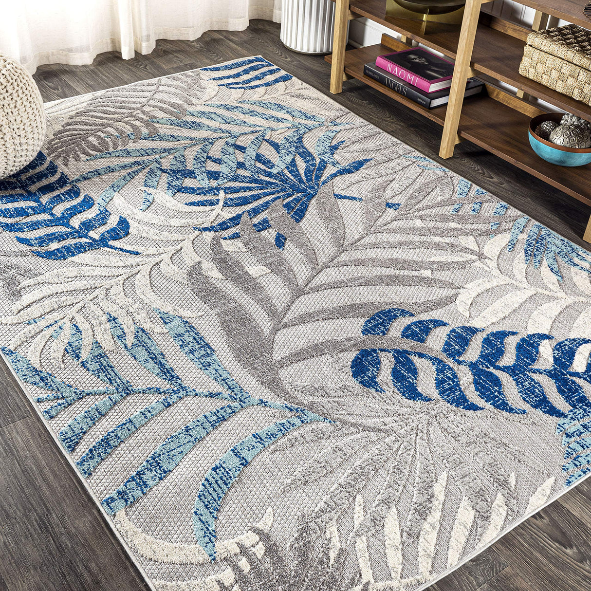 JONATHAN Y Tropics Palm Leaves Indoor Outdoor Area Rug 3X5 Gray/Blue, Boho for Backyard, Patio, Porch, Easy-Cleaning, High Traffic, Pet-Friendly, Non-Shedding (AMC100A-3) JONATHAN Y