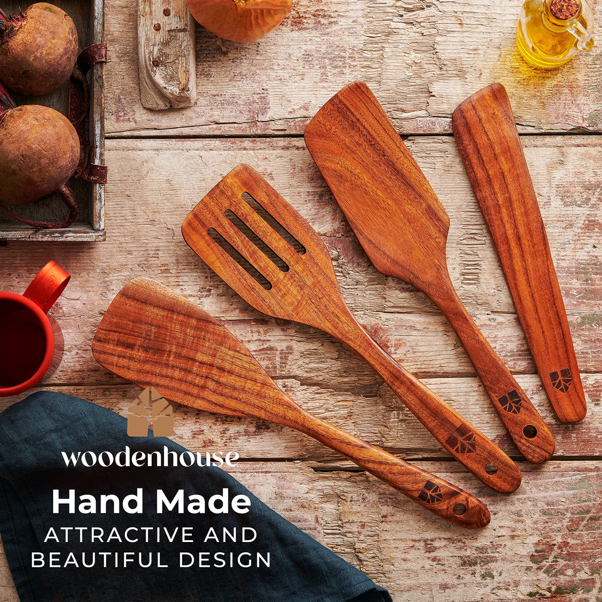 Wooden Spatula for Cooking, Kitchen Set of 4, Natural Teak Wooden Utensils including Paddle, Turner Spatula, Slotted Spatula and Wood Scraper. Nonstick cookware. WOODENHOUSE LIFELONG QUALITY