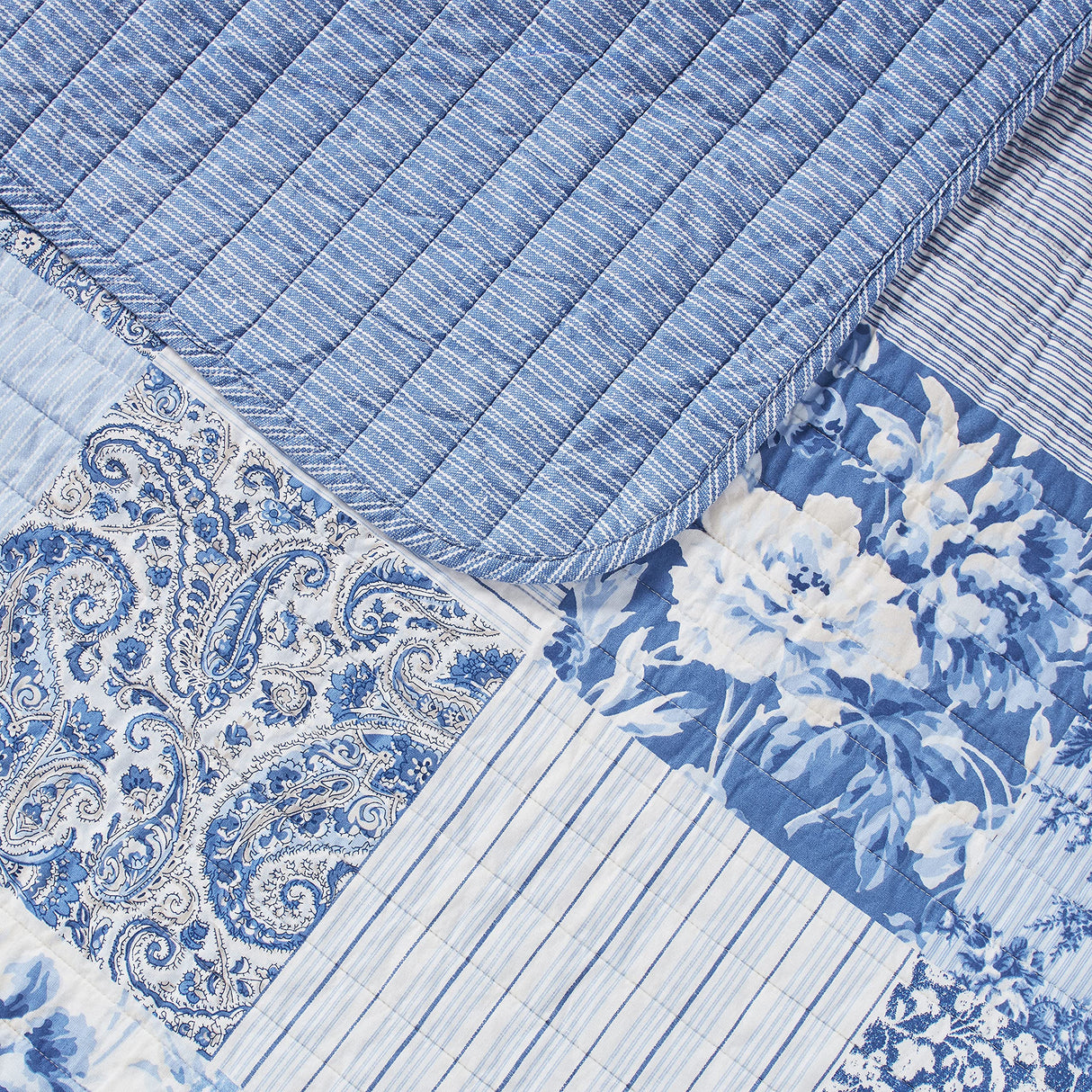 Laura Ashley - King Quilt Set, Reversible Cotton Bedding with Matching Shams, Farmhouse Inspired Home Decor (Paisley Printed Patchwork Blue, King) Laura Ashley