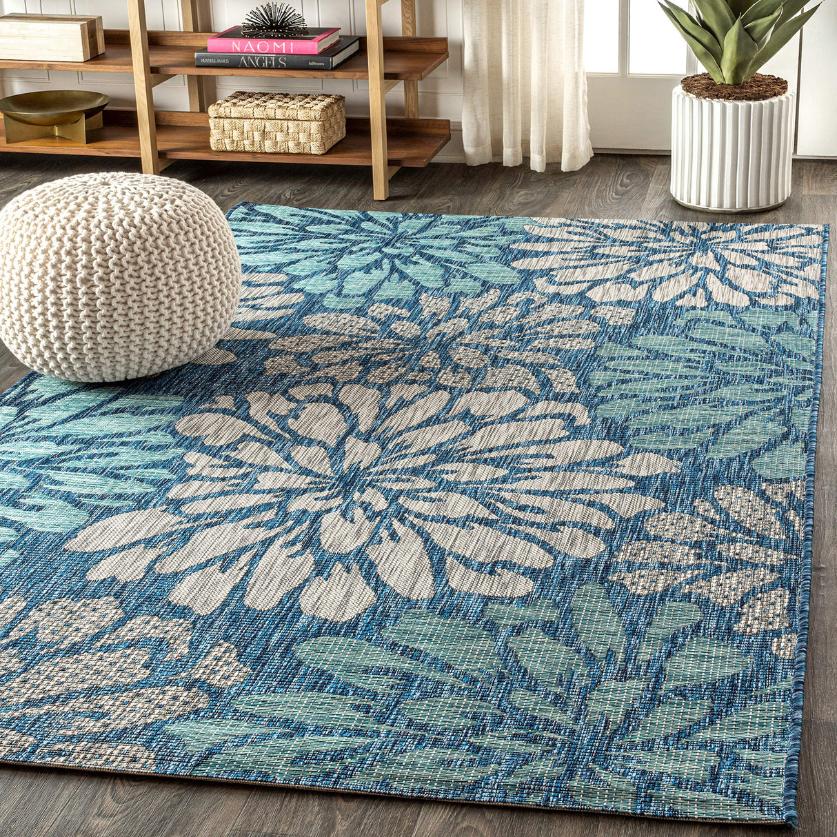 JONATHAN Y SMB110C-8 Zinnia Modern Floral Textured Weave Indoor Outdoor Area-Rug Bohemian Coastal Easy-Cleaning Bedroom Kitchen Backyard Patio Non Shedding, 8 X 10, Navy/Aqua JONATHAN Y