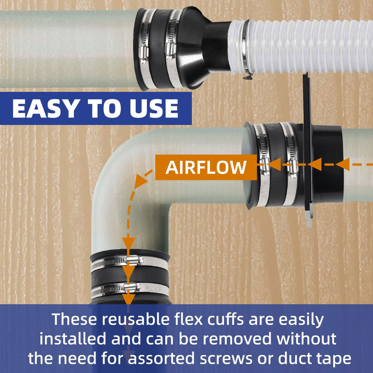 (Combo Pack) 4" to 2-1/2" Hose Cone Reducer, Dust Collection Fitting & 4” Flexible Hose Cuff Coupler & Blast Gate for Dust Collection Systems with TonGass