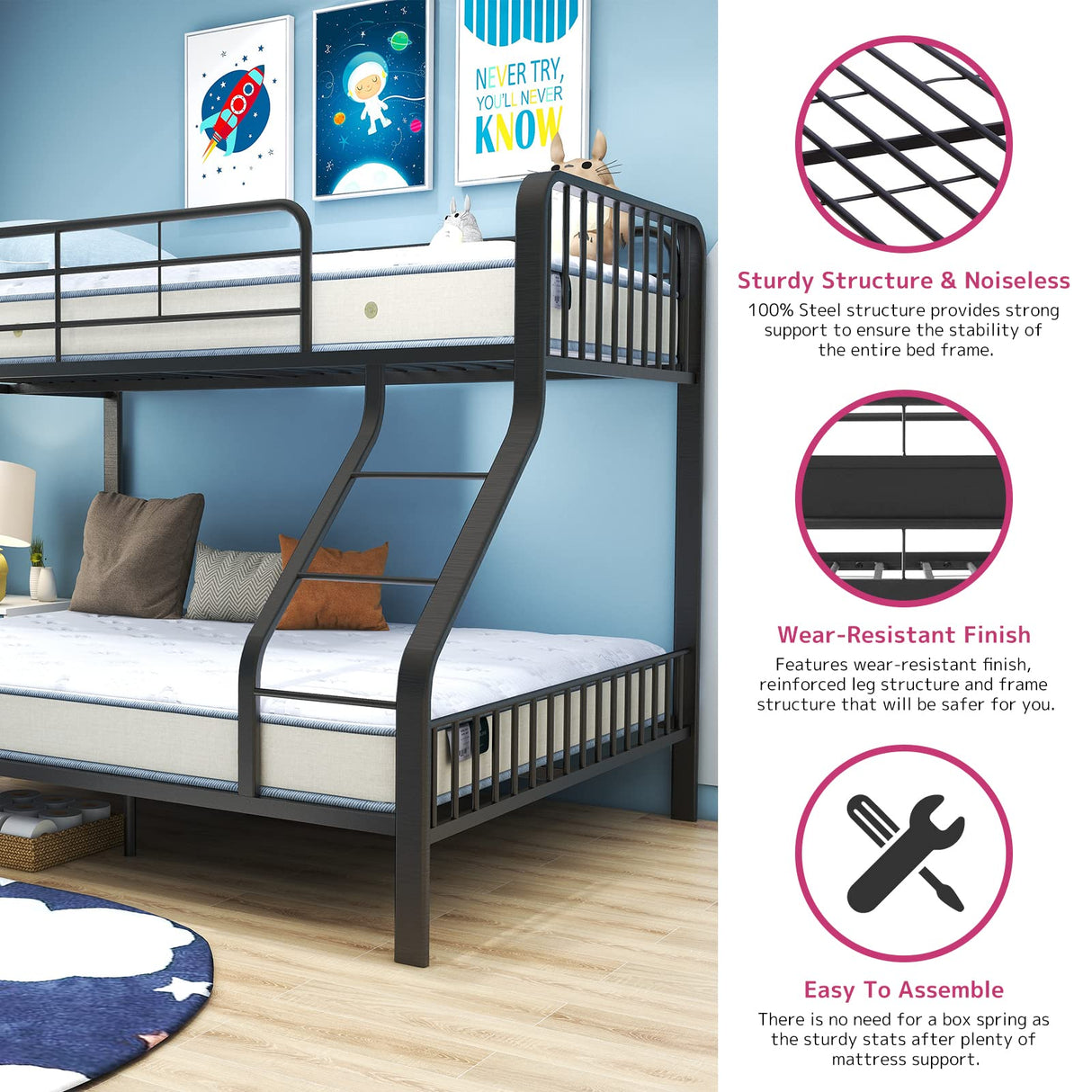 Acme Furniture Caius 60" x 83" Transitional Metal Tube Twin XL Over Queen Bunk Bed with Slat System in Gunmetal Finish Acme