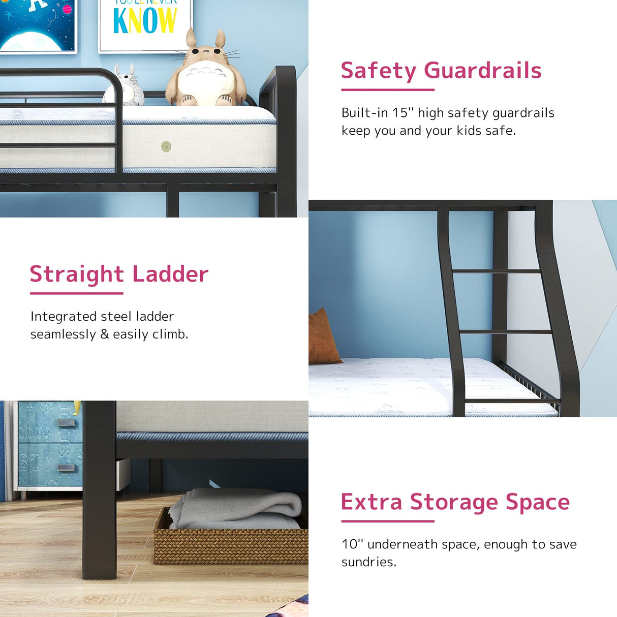 Acme Furniture Caius 60" x 83" Transitional Metal Tube Twin XL Over Queen Bunk Bed with Slat System in Gunmetal Finish Acme