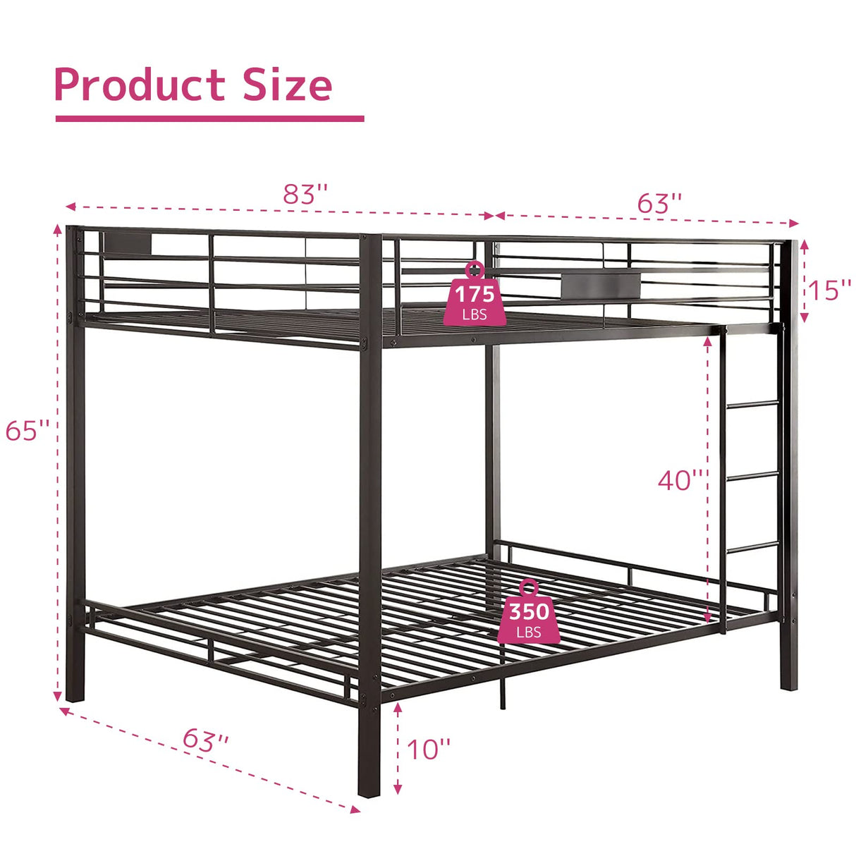 Acme Kaleb Metal Frame Queen Over Queen Bunk Bed with Ladder in Sandy Black Acme
