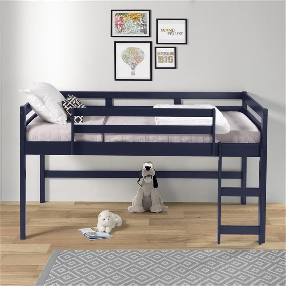 Acme Lara Twin Wooden Loft Bed with Guard Rail and Ladder in Navy Blue Acme