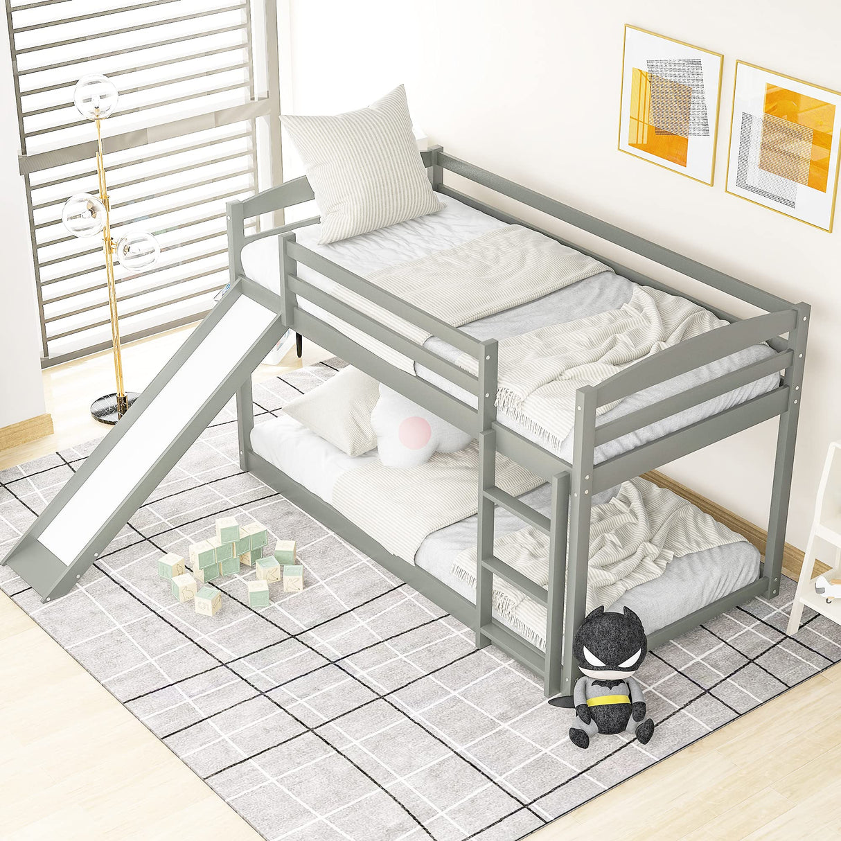Acosure Twin Bunk Convertible Slide and Ladder,Bedroom Wood Low Bed Frame W/Full-Length Guardrails,No Box Spring Required,Slat Support,for Kid Boy Girl,Gray Acosure