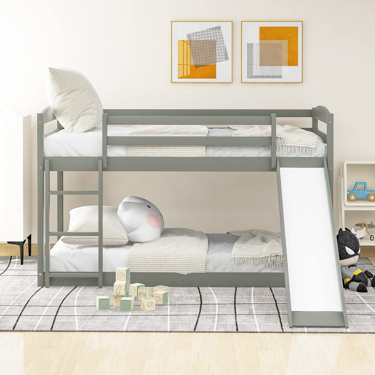 Acosure Twin Bunk Convertible Slide and Ladder,Bedroom Wood Low Bed Frame W/Full-Length Guardrails,No Box Spring Required,Slat Support,for Kid Boy Girl,Gray Acosure