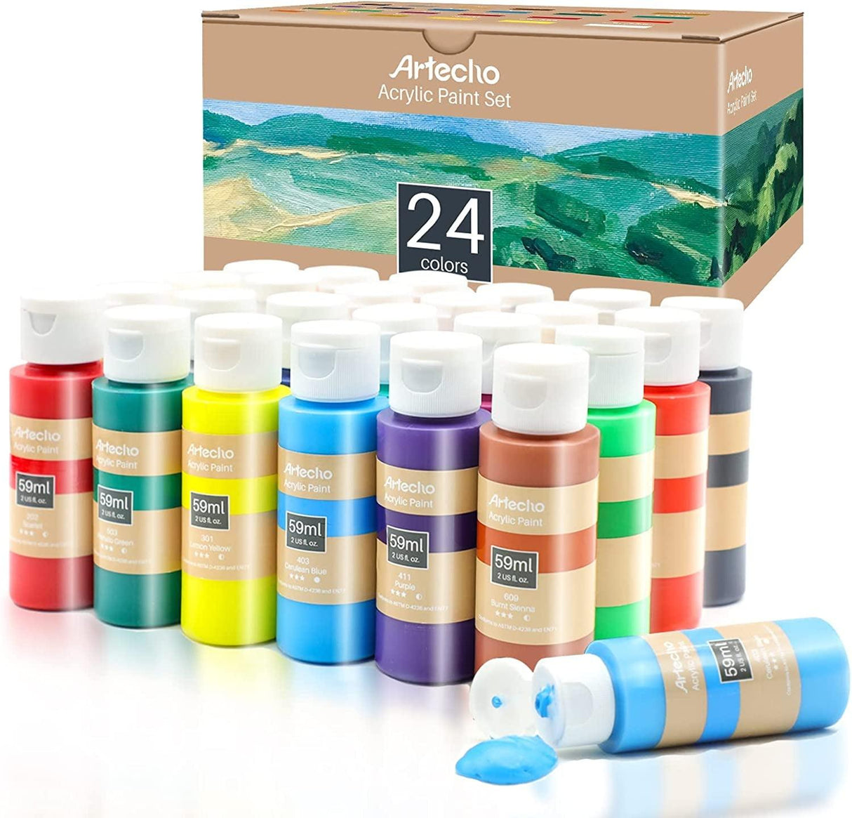 Acrylic Art Paint Set, 24 Basic Colors Bottles ( 59Ml / 2Oz ) Art Craft Paints for Canvas Painting, Rock, Stone, Wood, Fabric WoodArtSupply