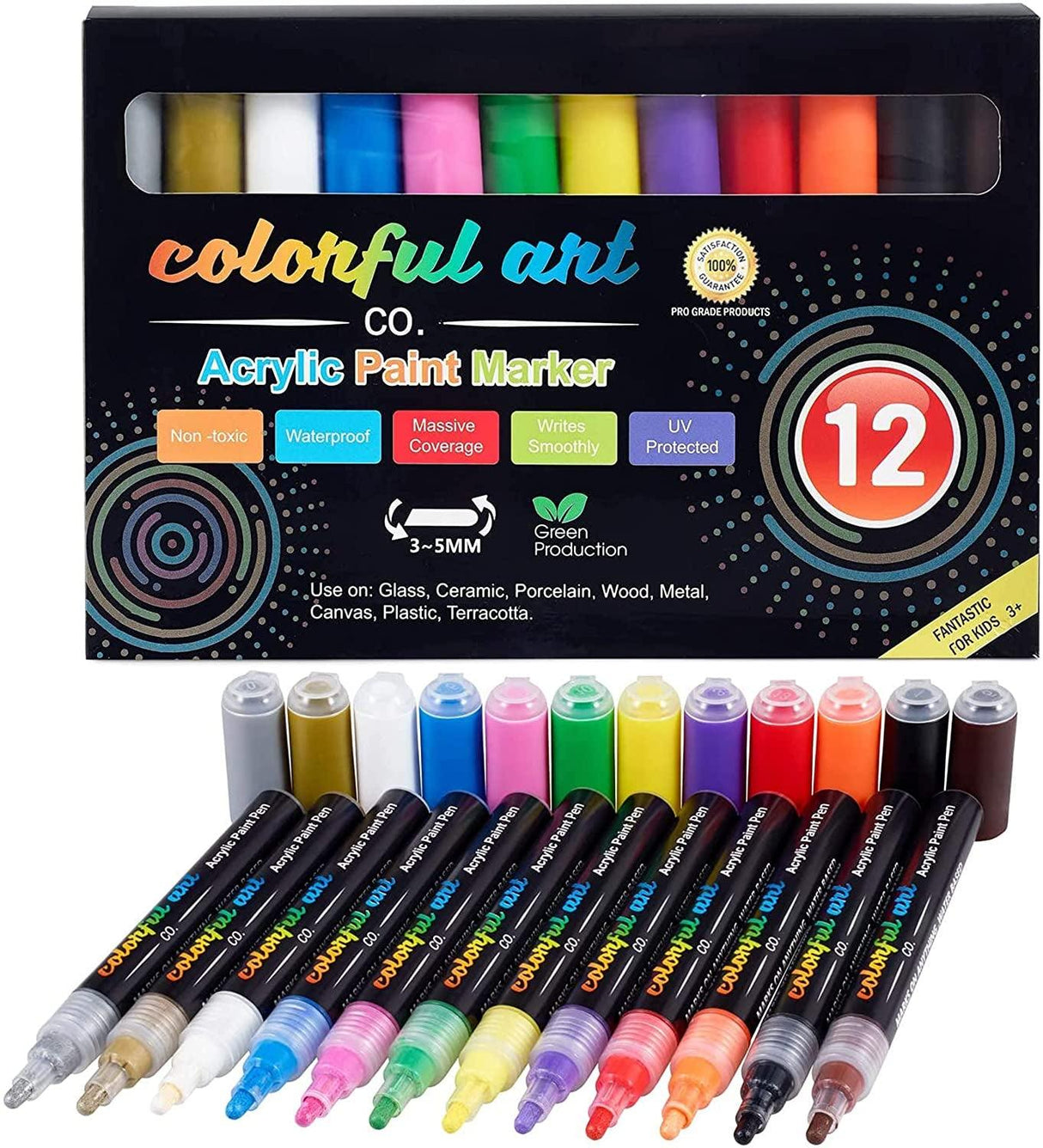 Acrylic Paint Pens Permanent Waterproof 12 Pack Reversible 3-5Mm Brush Tips Painting Markers Rocks, Wood, Glass, Ceramic WoodArtSupply