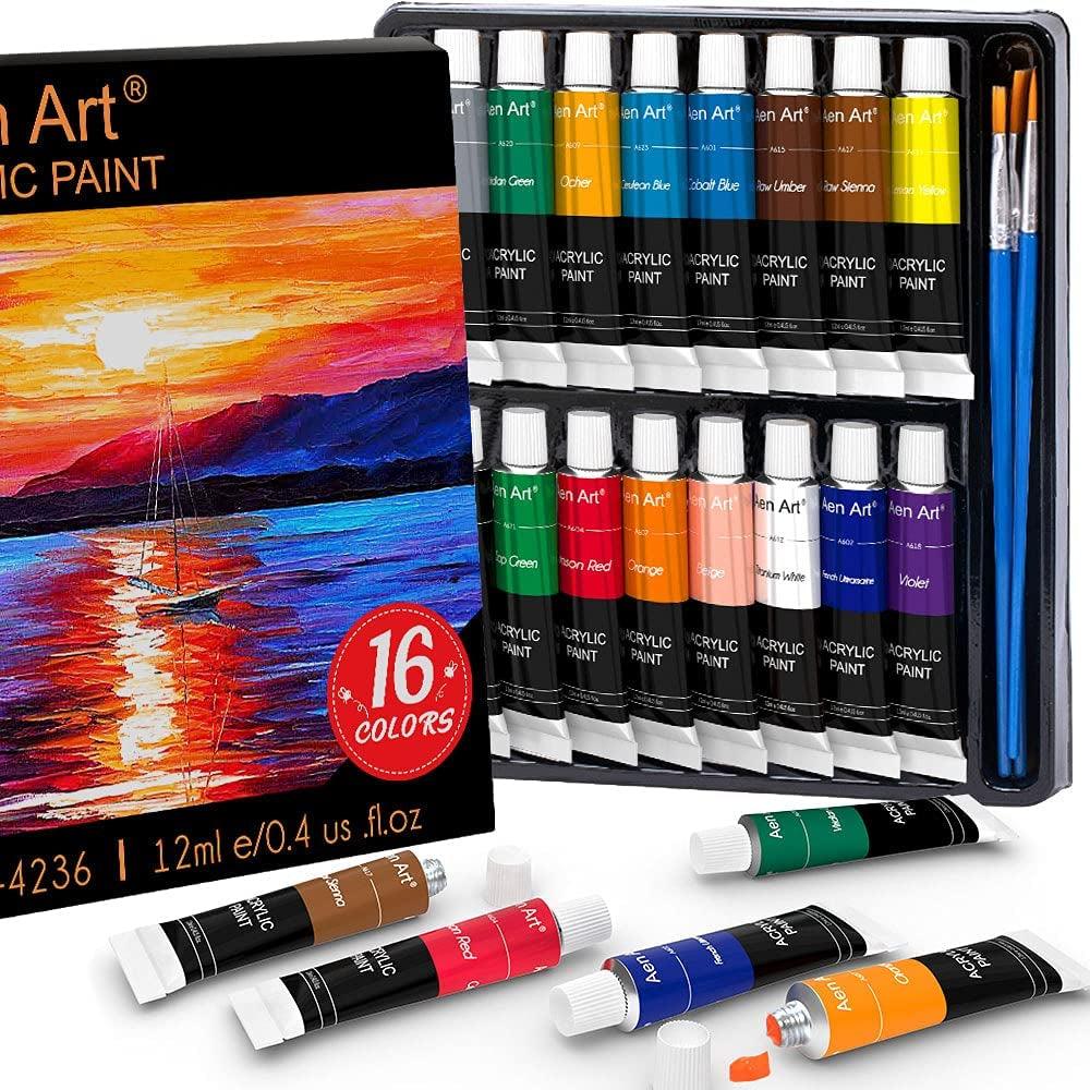 Acrylic Paint Set, 16 Colors Painting Supplies for Canvas Wood Fabric Ceramic Crafts, Non Toxic&Rich Pigments WoodArtSupply