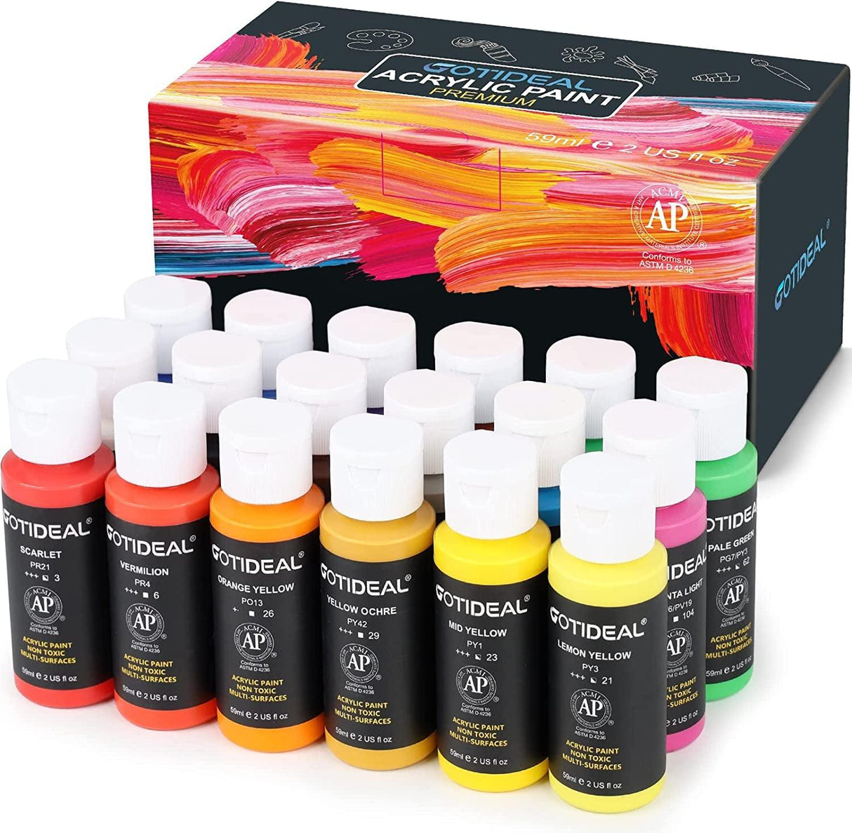 Acrylic Paint Set, 18 Colors(59Ml, 2 Oz) Art Craft Paint Non Toxic, Perfect for Hobby Painters, Artist WoodArtSupply