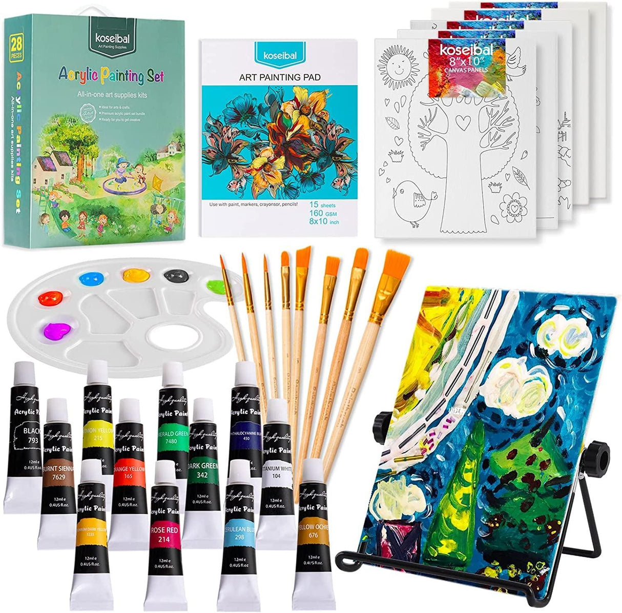 Acrylic Paint Set for Kids, Art Painting Supplies Kit with 12 Paints, 5 Canvas Panels, 8 Brushes, Table Easel WoodArtSupply