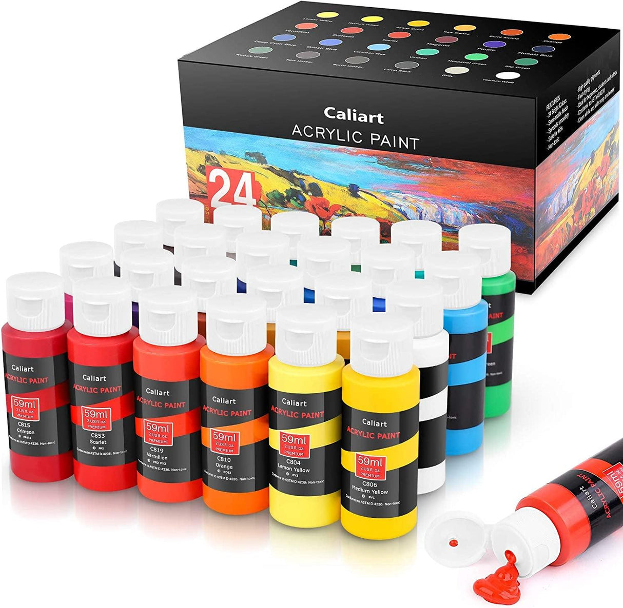 Acrylic Paint Set with 12 Brushes, 24 Colors (59Ml, 2Oz) Art Craft Paints Canvas Ceramic Wood Rock Painting Art Supplies Kit WoodArtSupply